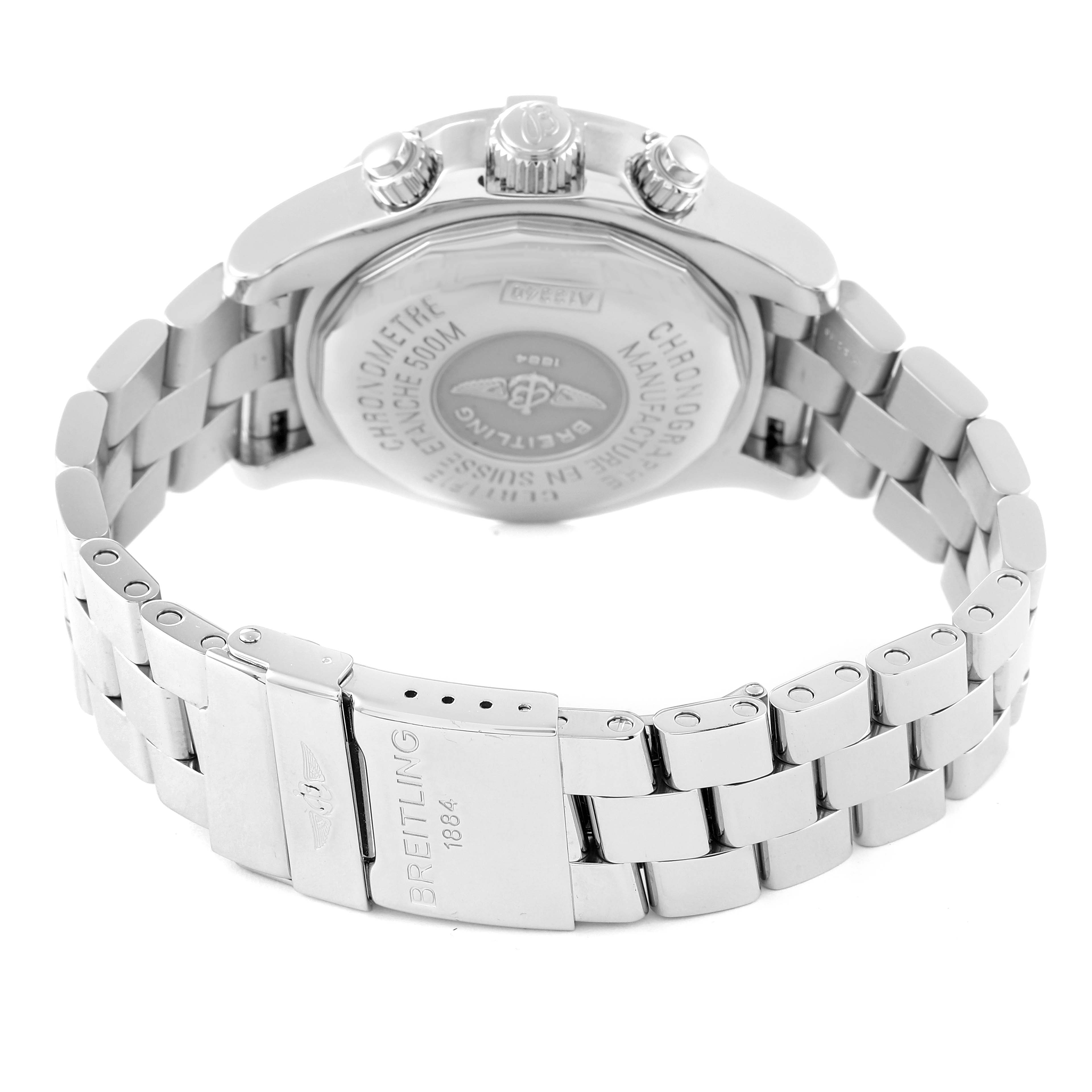 The image shows the back of the Breitling Superocean A13340 Men's Stainless Steel Black Dial A13340 Men's Stainless Steel Black Dial watch, highlighting the case back and metal bracelet clasp.