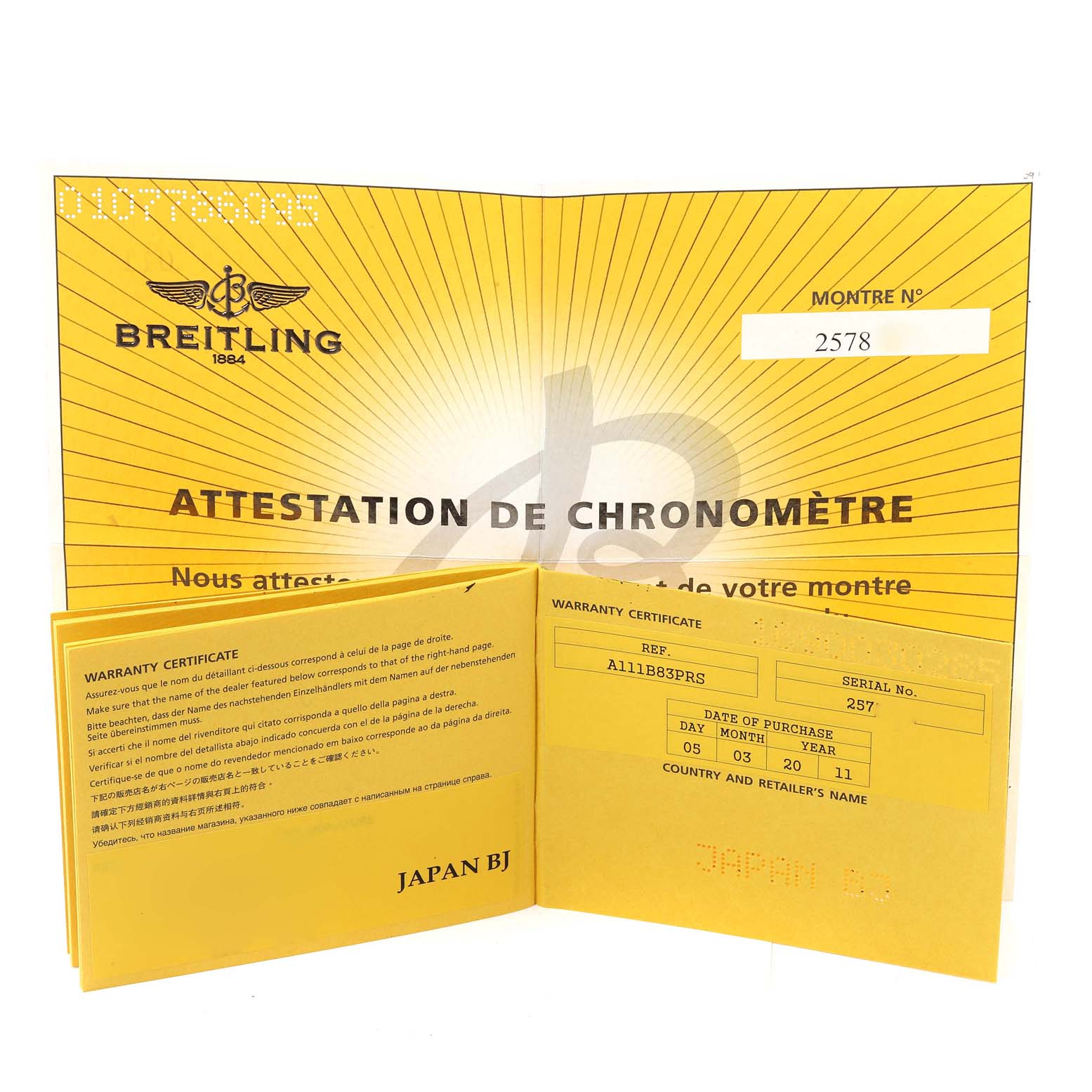 The image shows the warranty certificate and chronometer attestation for a Breitling Superocean A13340 Men's Stainless Steel Black Dial A13340 Men's Stainless Steel Black Dial watch.