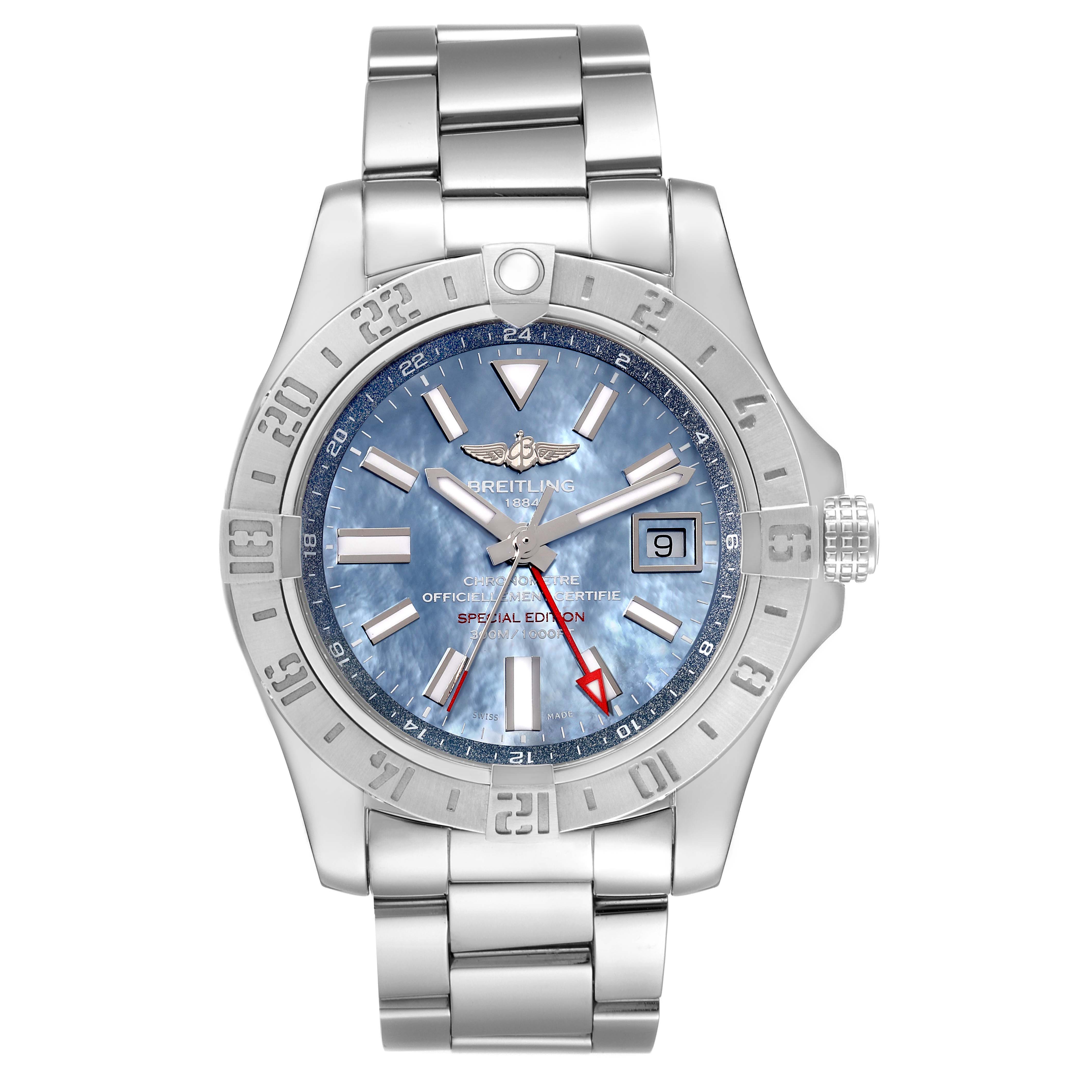 The image shows a front view of a Breitling Avenger A3239011/C930 Men's Stainless Steel Mother of Pearl Dial A3239011/C930 Men's Stainless Steel Mother of Pearl Dial watch, highlighting its face, bezel, bracelet, and crown.