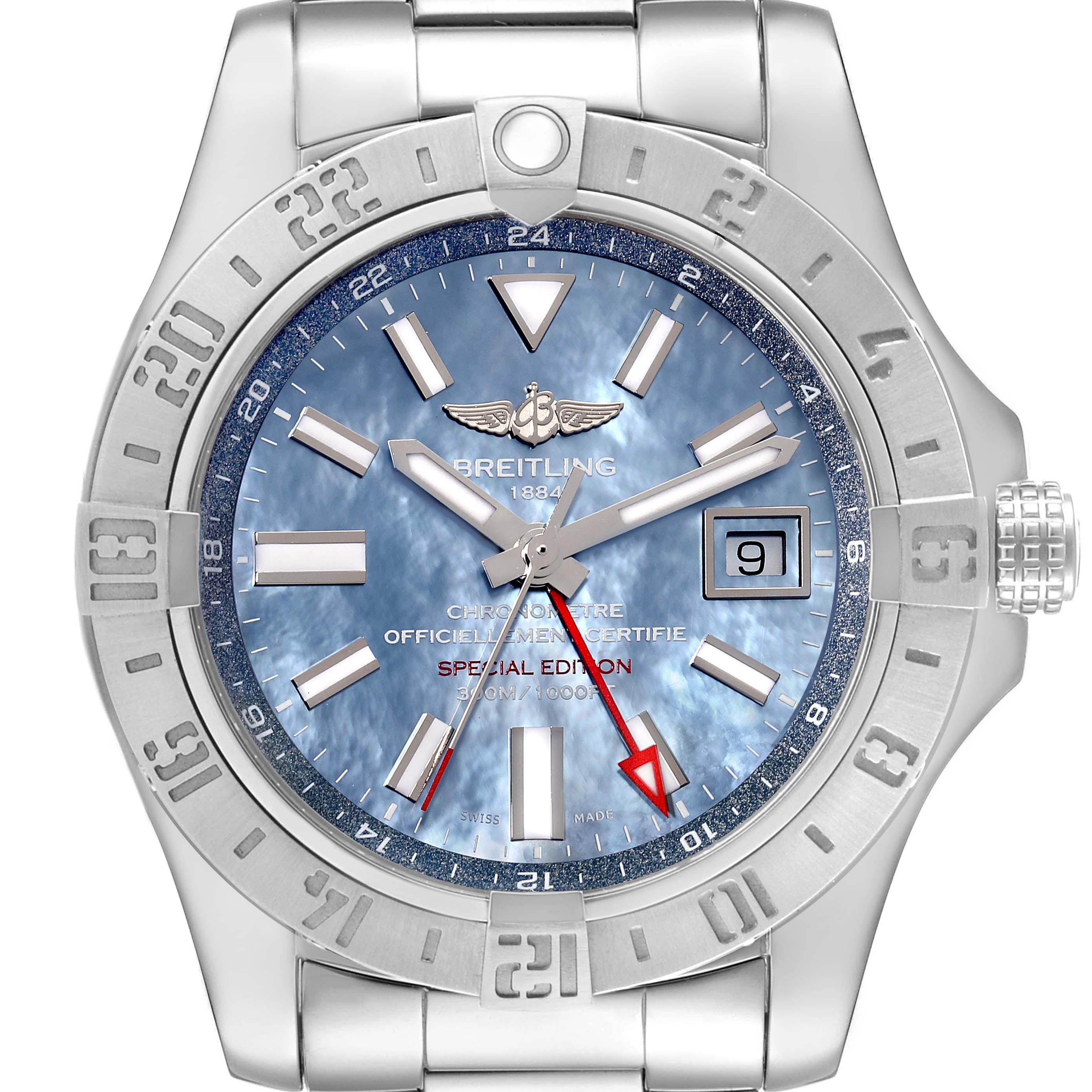The image shows a close-up of the Breitling Avenger A3239011/C930 Men's Stainless Steel Mother of Pearl Dial A3239011/C930 Men's Stainless Steel Mother of Pearl Dial watch face, bezel, crown, and part of the bracelet.