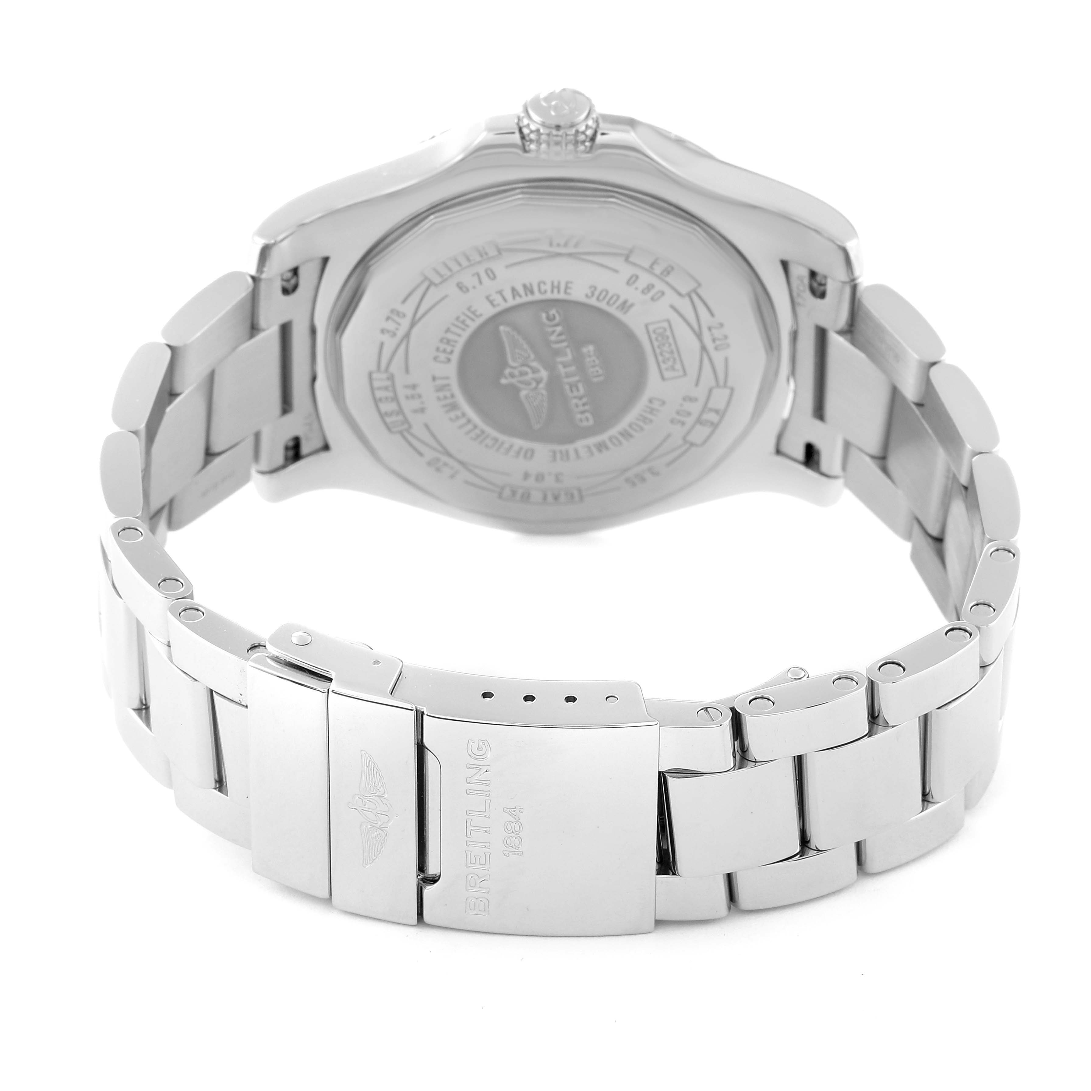 This image shows the back view of the Breitling Avenger A3239011/C930 Men's Stainless Steel Mother of Pearl Dial A3239011/C930 Men's Stainless Steel Mother of Pearl Dial watch displaying its case back and metal bracelet with clasp.