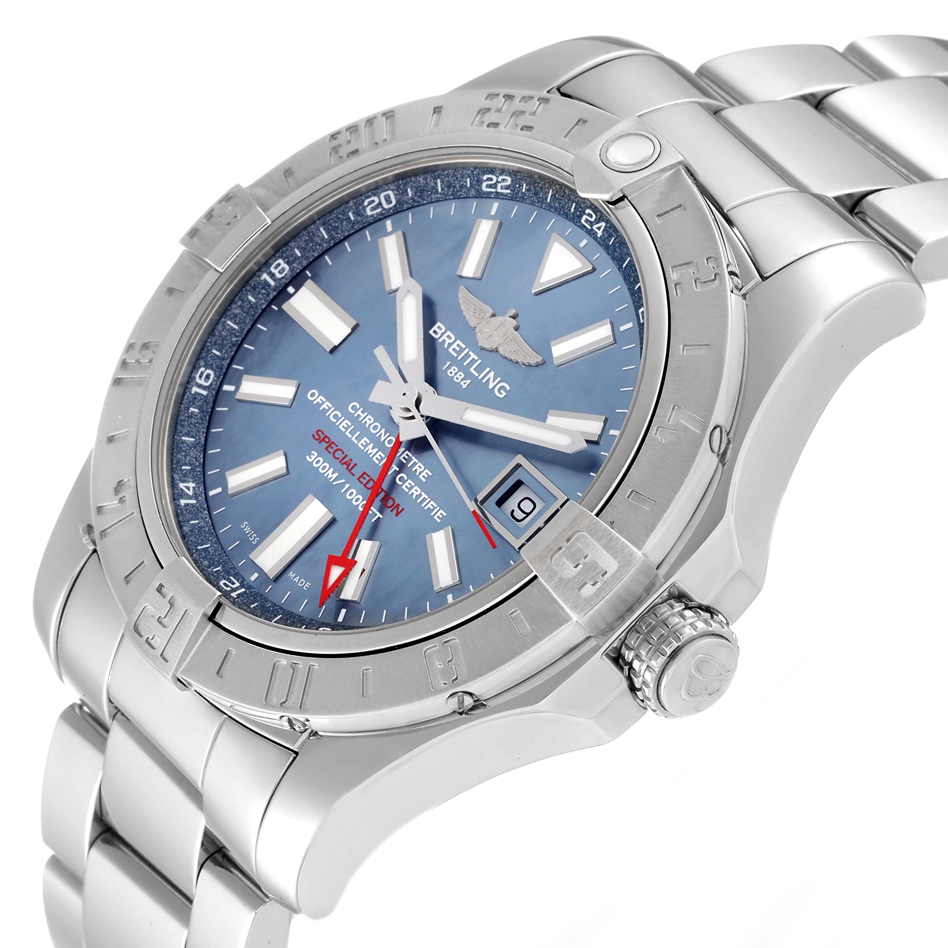 The Breitling Avenger A3239011/C930 Men's Stainless Steel Mother of Pearl Dial A3239011/C930 Men's Stainless Steel Mother of Pearl Dial watch is shown at a slight angle, displaying the face, bezel, crown, and part of the stainless steel bracelet.
