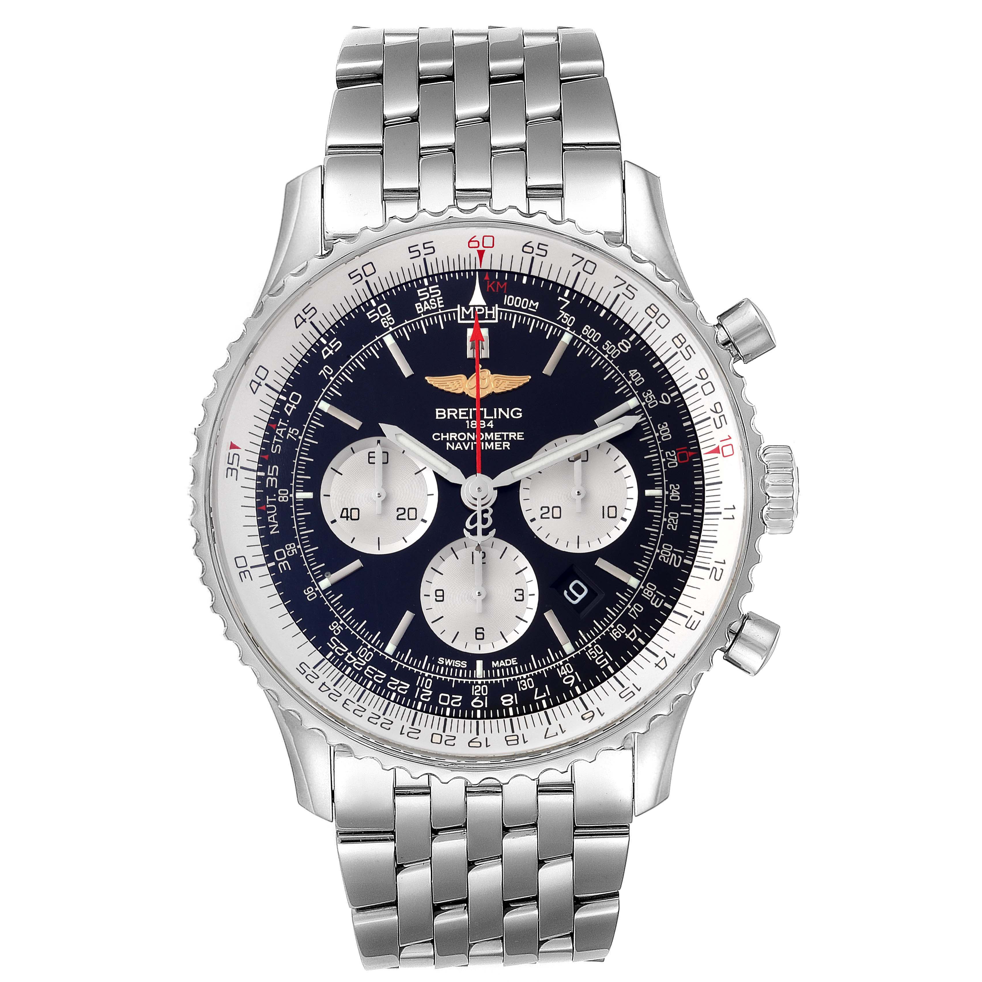 This image shows a frontal view of the Breitling Navitimer AB0127-211-B1A1 Men
s Stainless Steel Black Dial AB0127-211-B1A1 Men
s Stainless Steel Black Dial watch, displaying its face, bezel, and stainless steel bracelet.