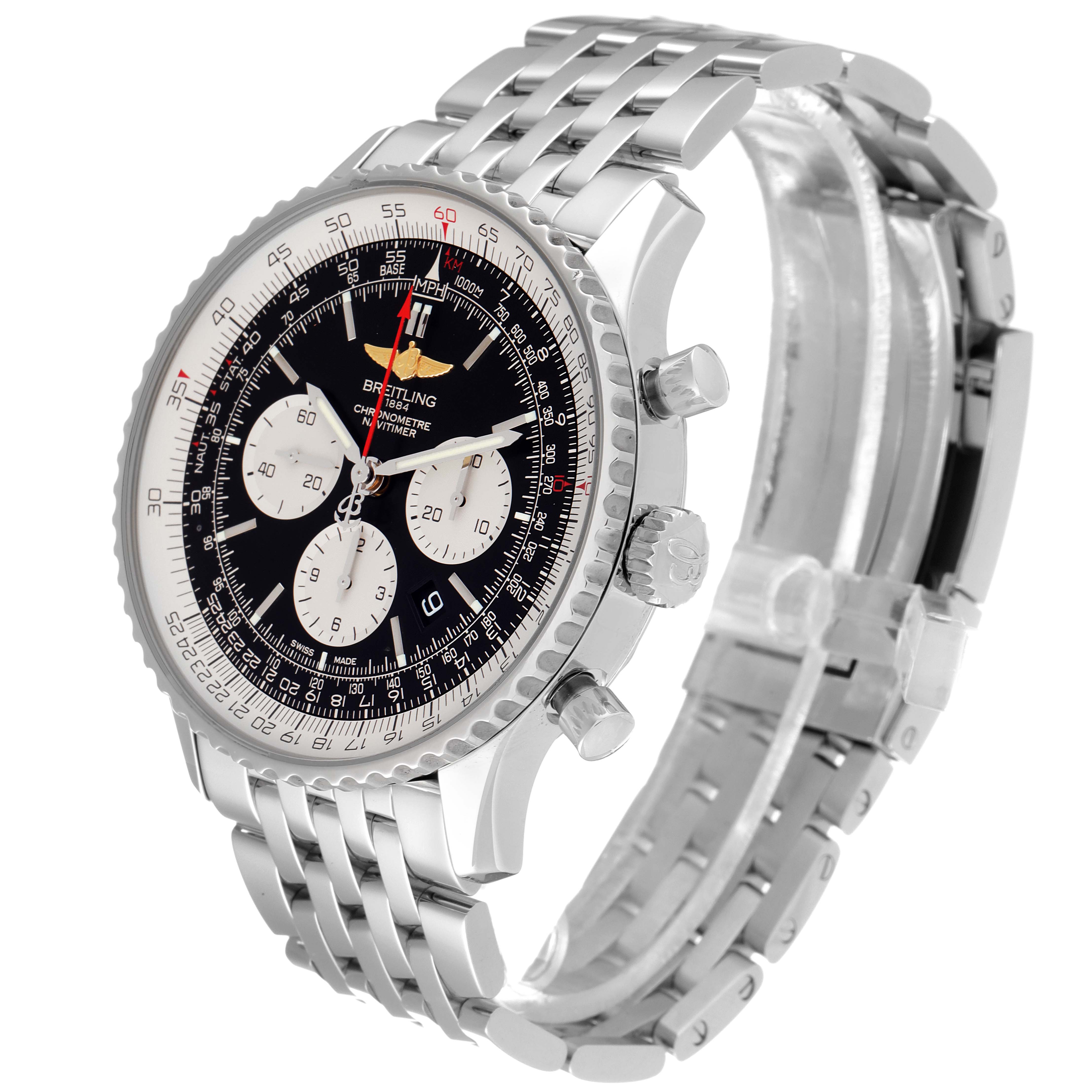 The image shows a Breitling Navitimer AB0127-211-B1A1 Men
s Stainless Steel Black Dial AB0127-211-B1A1 Men
s Stainless Steel Black Dial watch at a side angle, highlighting its stainless steel bracelet, bezel, and chronograph dial.
