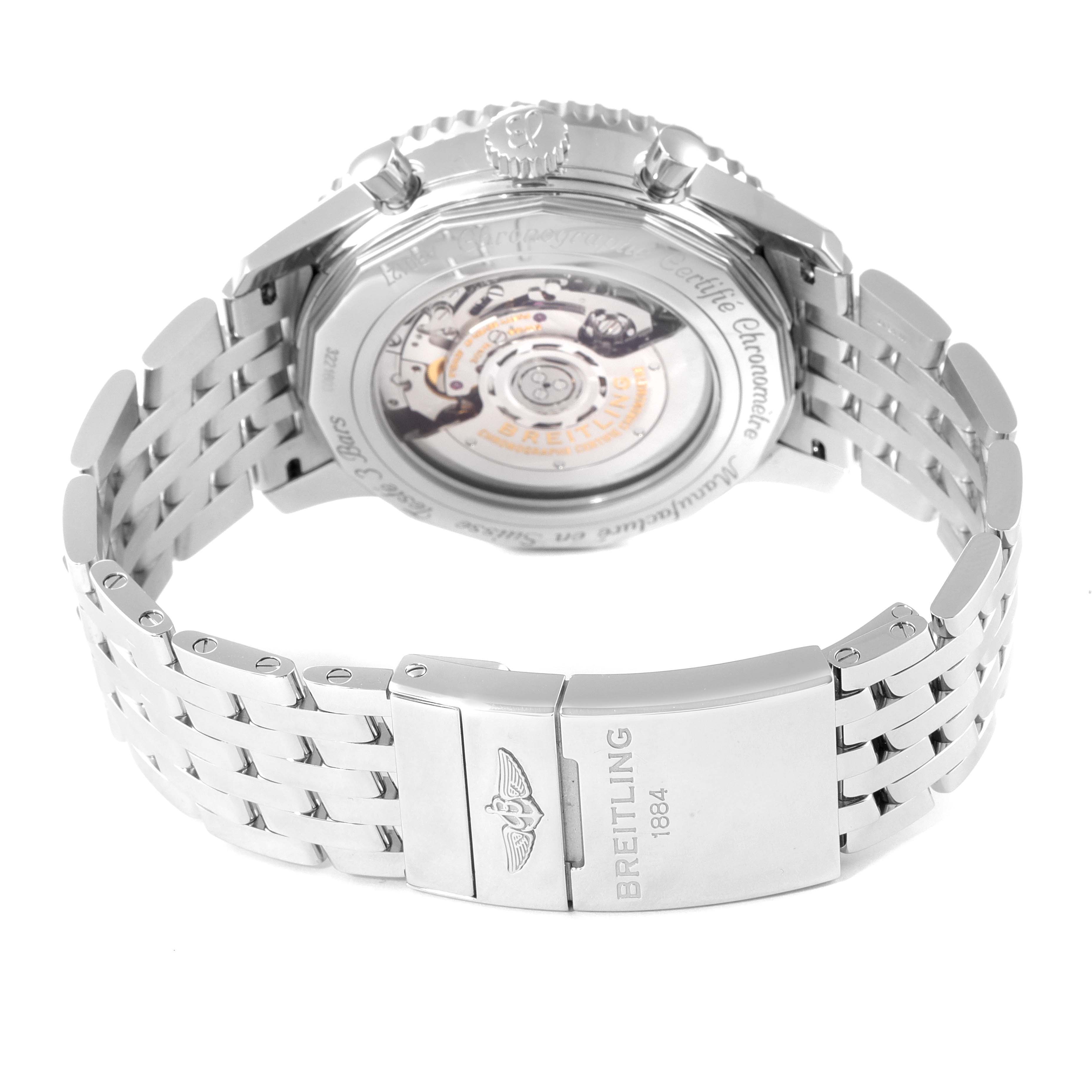 This image shows the back view of the Breitling Navitimer AB0127-211-B1A1 Men
s Stainless Steel Black Dial AB0127-211-B1A1 Men
s Stainless Steel Black Dial watch, featuring the case back and metal bracelet clasp.