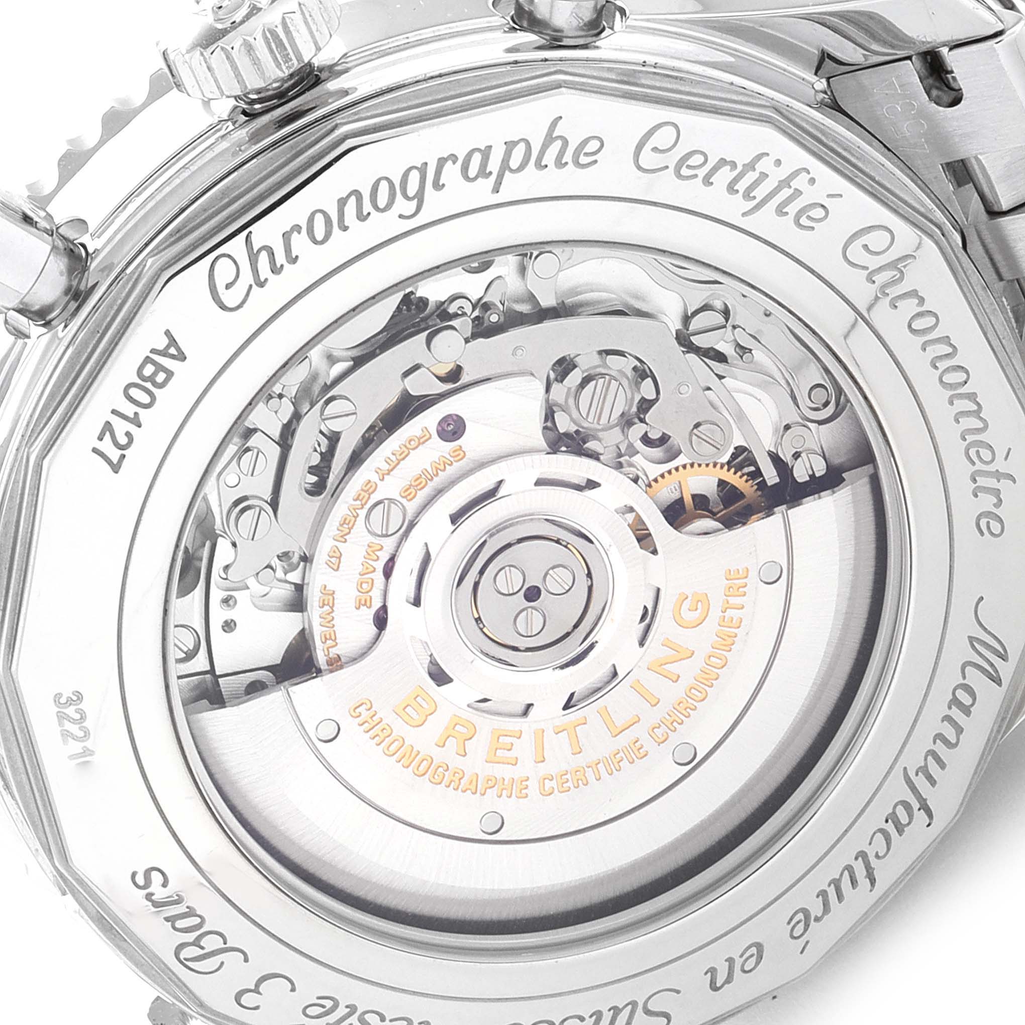 This image shows the back view of the Breitling Navitimer AB0127-211-B1A1 Men
s Stainless Steel Black Dial AB0127-211-B1A1 Men
s Stainless Steel Black Dial watch, highlighting the intricate movement and internal mechanisms.