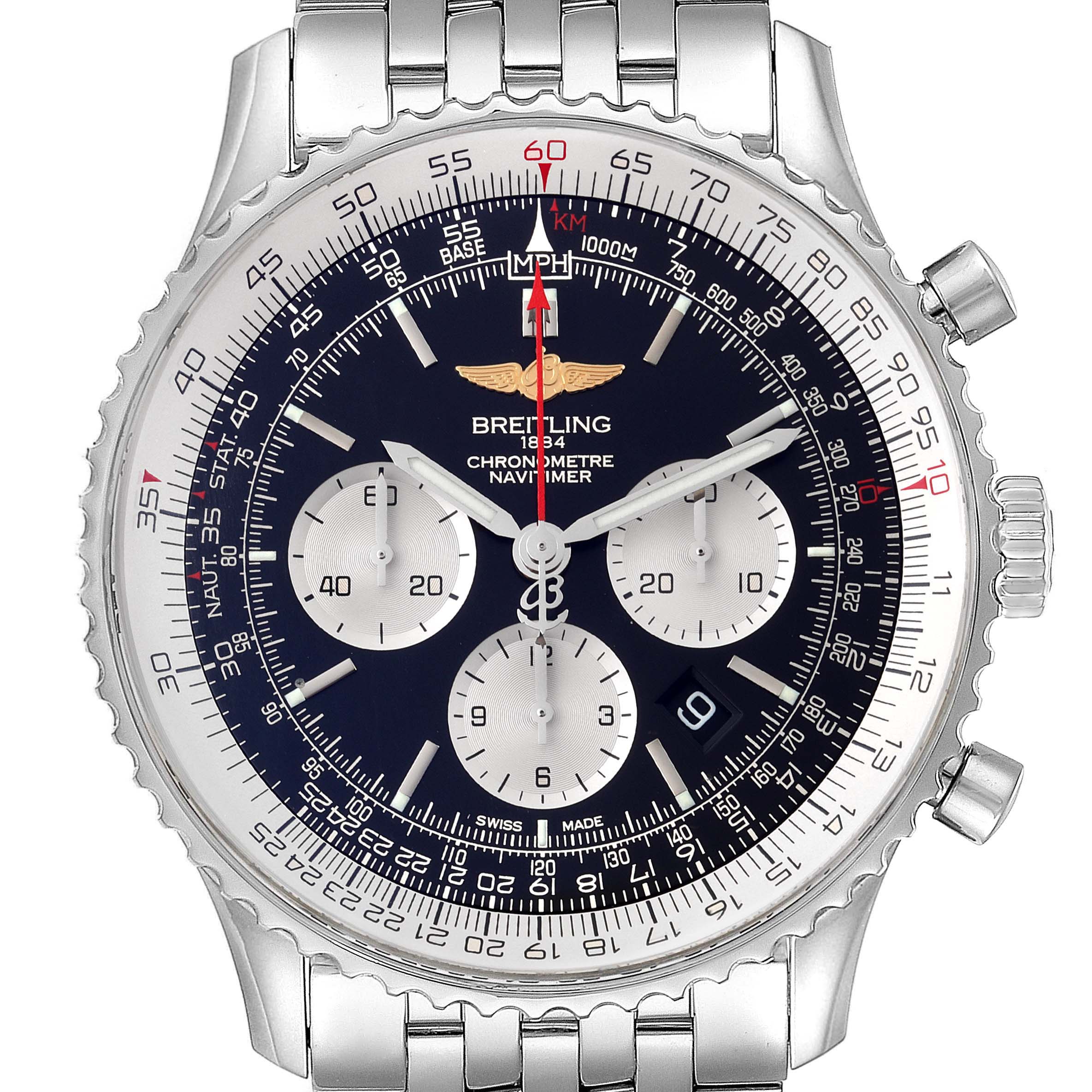 This image shows a front view of a Breitling Navitimer AB0127-211-B1A1 Men
s Stainless Steel Black Dial AB0127-211-B1A1 Men
s Stainless Steel Black Dial model, featuring its chronograph dial and bezel.