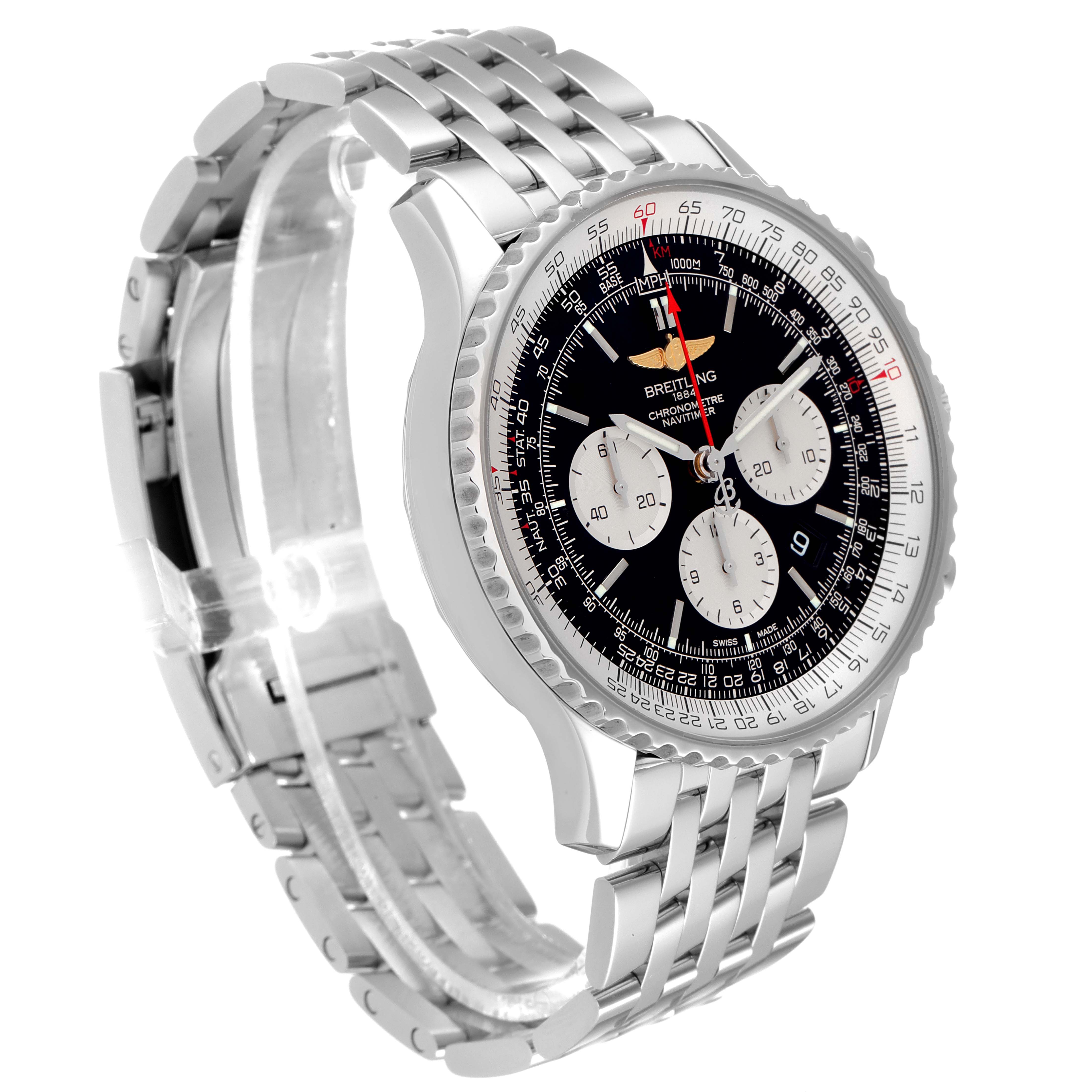 The image shows a Breitling Navitimer AB0127-211-B1A1 Men
s Stainless Steel Black Dial AB0127-211-B1A1 Men
s Stainless Steel Black Dial watch at a three-quarter angle, highlighting its face, bezel, and metal bracelet.