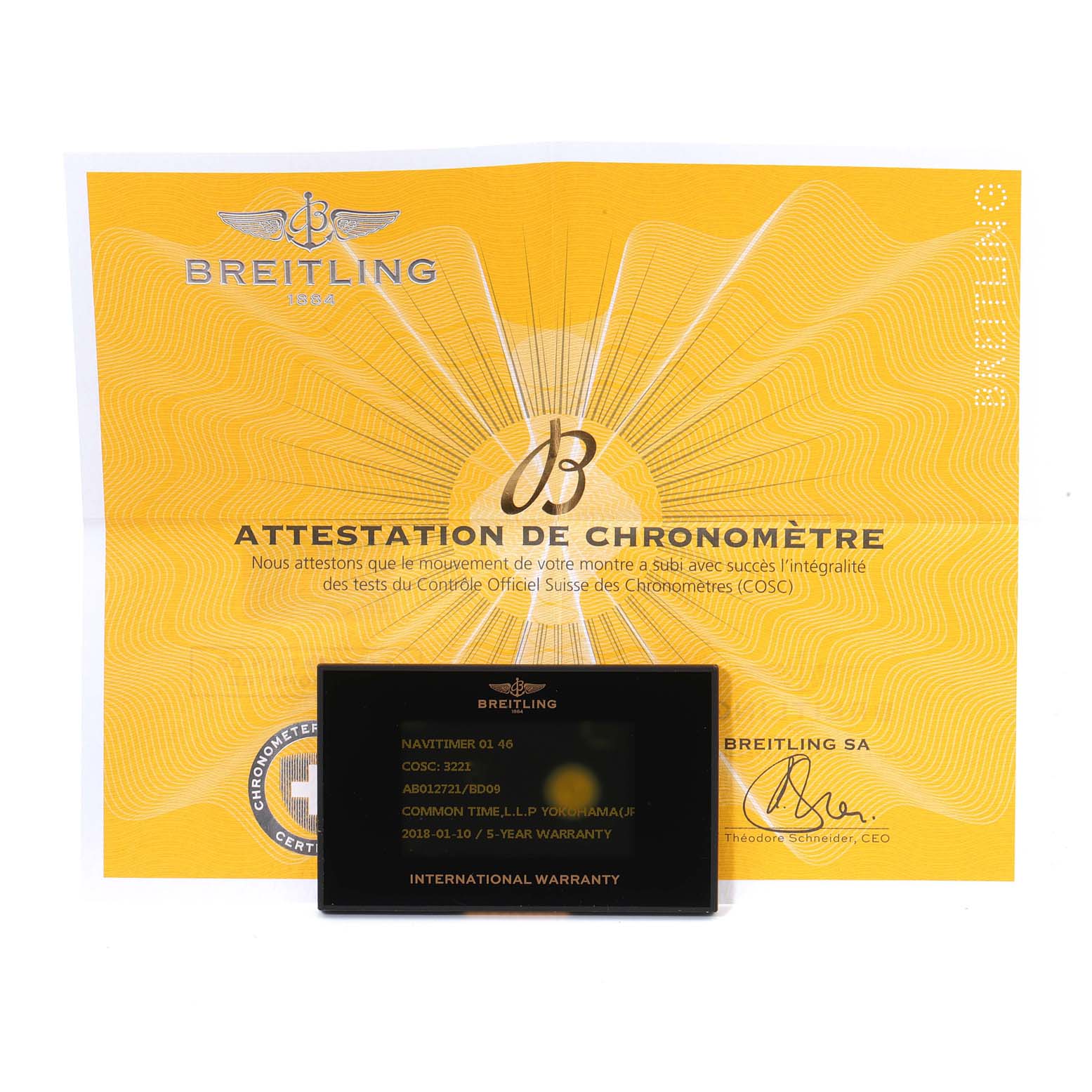 The image shows the warranty card and Chronometer Certificate for a Breitling Navitimer AB0127-211-B1A1 Men
s Stainless Steel Black Dial AB0127-211-B1A1 Men
s Stainless Steel Black Dial watch.