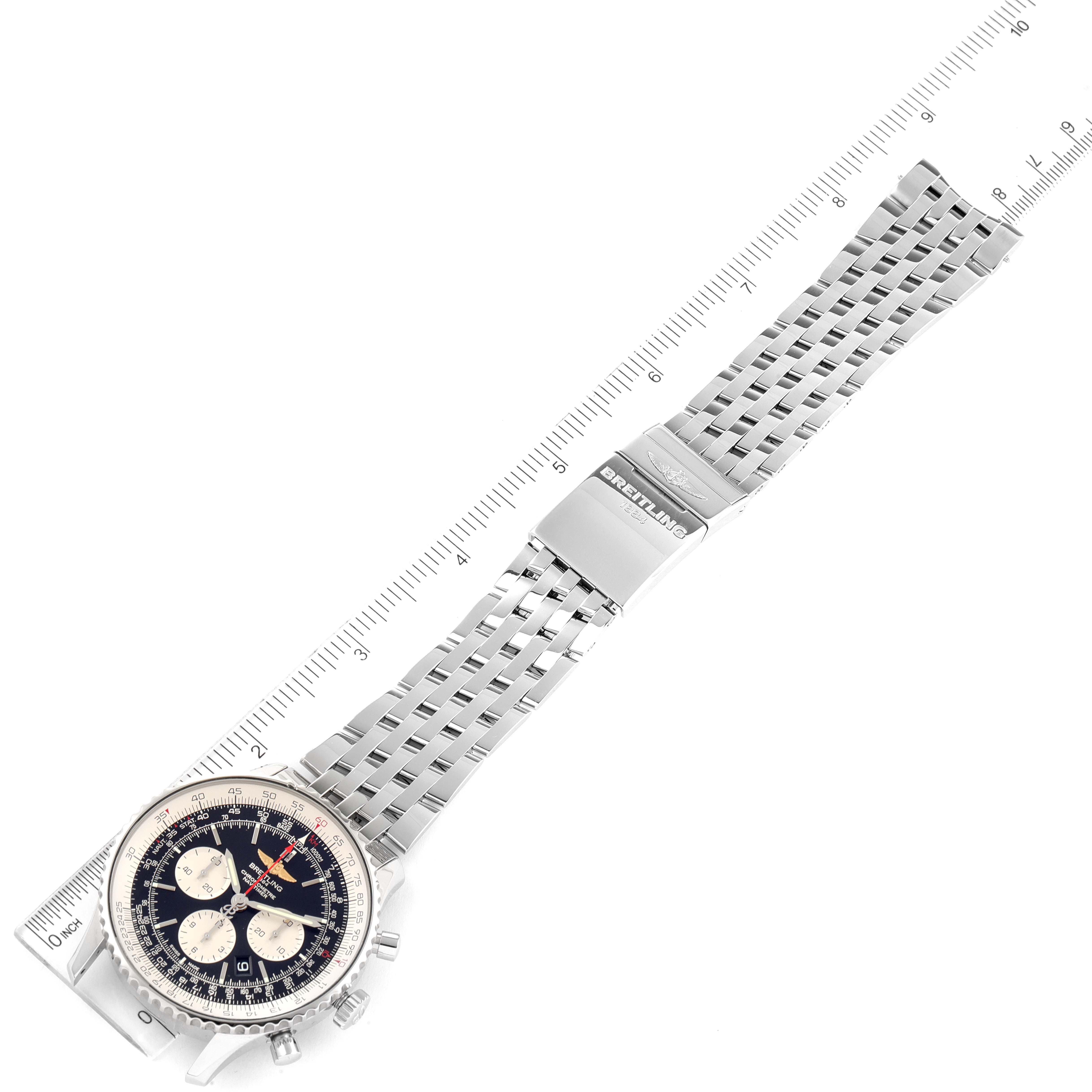 The Breitling Navitimer AB0127-211-B1A1 Men
s Stainless Steel Black Dial AB0127-211-B1A1 Men
s Stainless Steel Black Dial watch is shown from a top-down angle, displaying the face, bezel, and entire metal bracelet with a clasp.