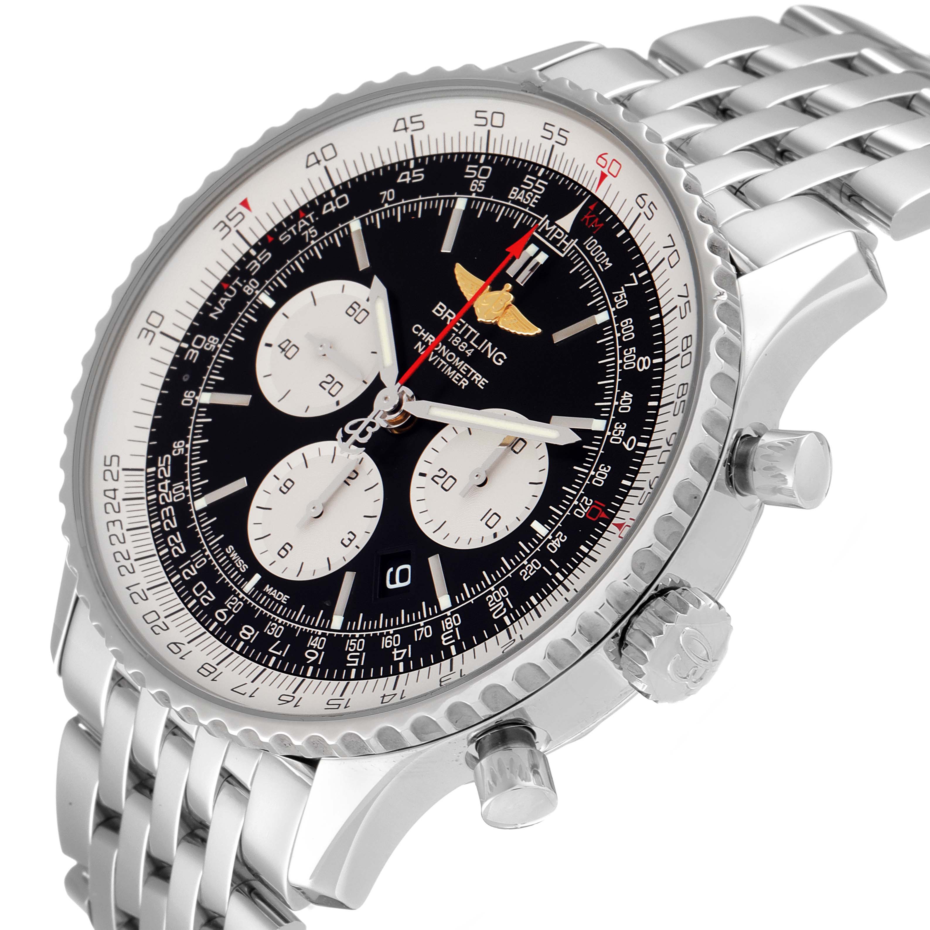 The Breitling Navitimer AB0127-211-B1A1 Men
s Stainless Steel Black Dial AB0127-211-B1A1 Men
s Stainless Steel Black Dial watch is shown at an angled close-up, highlighting its dial, bezel, crown, pushers, and bracelet.