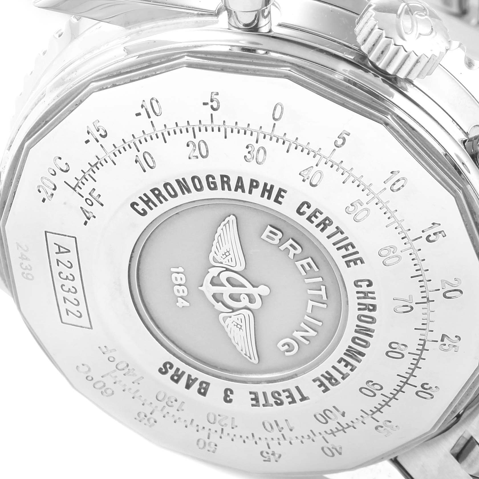 This image shows the case back and crown of a Breitling Navitimer A23322 Men's Stainless Steel Black Dial A23322 Men's Stainless Steel Black Dial watch, depicting the branding and certification engravings.