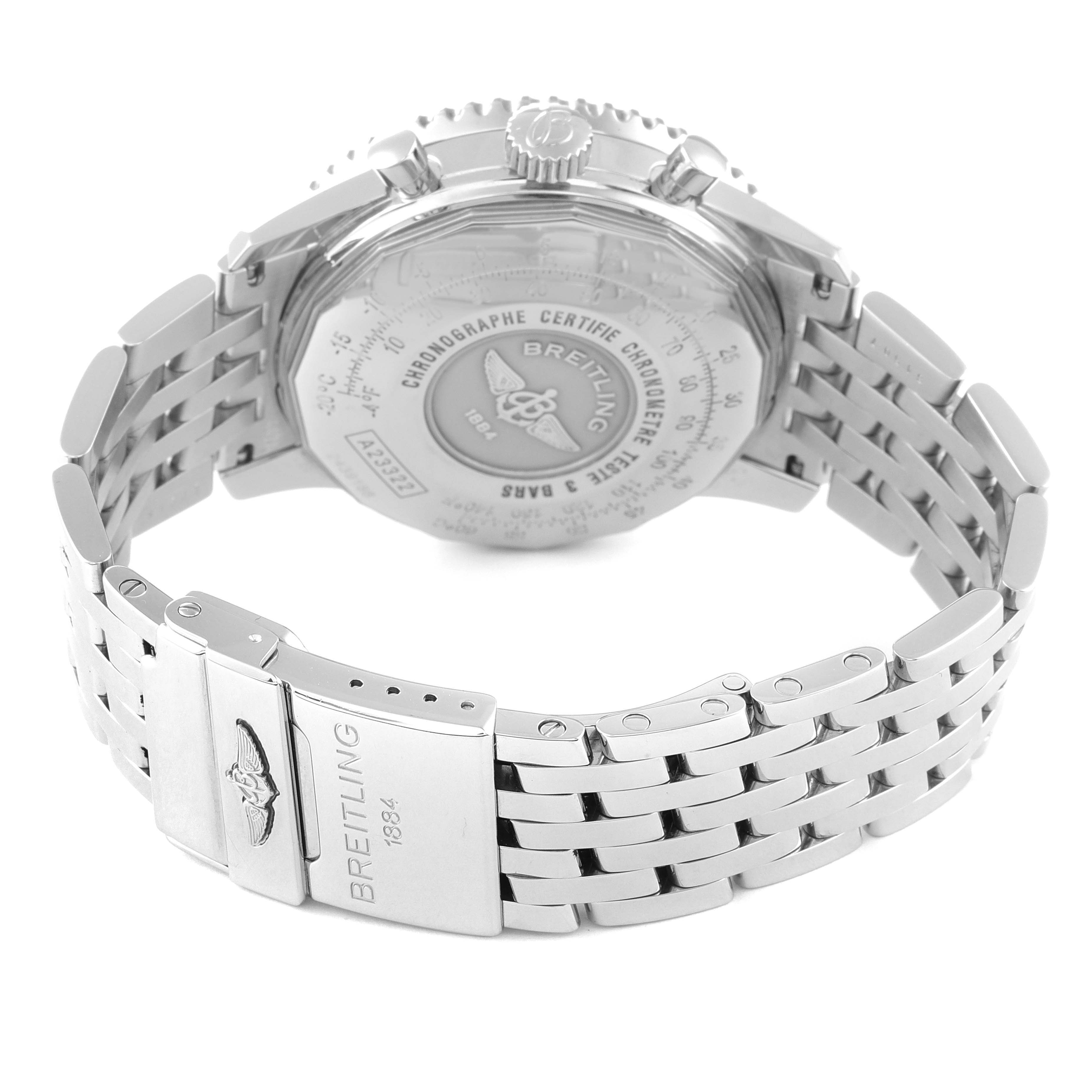 The image shows the backside and clasp of a Breitling Navitimer A23322 Men's Stainless Steel Black Dial A23322 Men's Stainless Steel Black Dial watch bracelet, highlighting the engraved details on the back and the clasp.