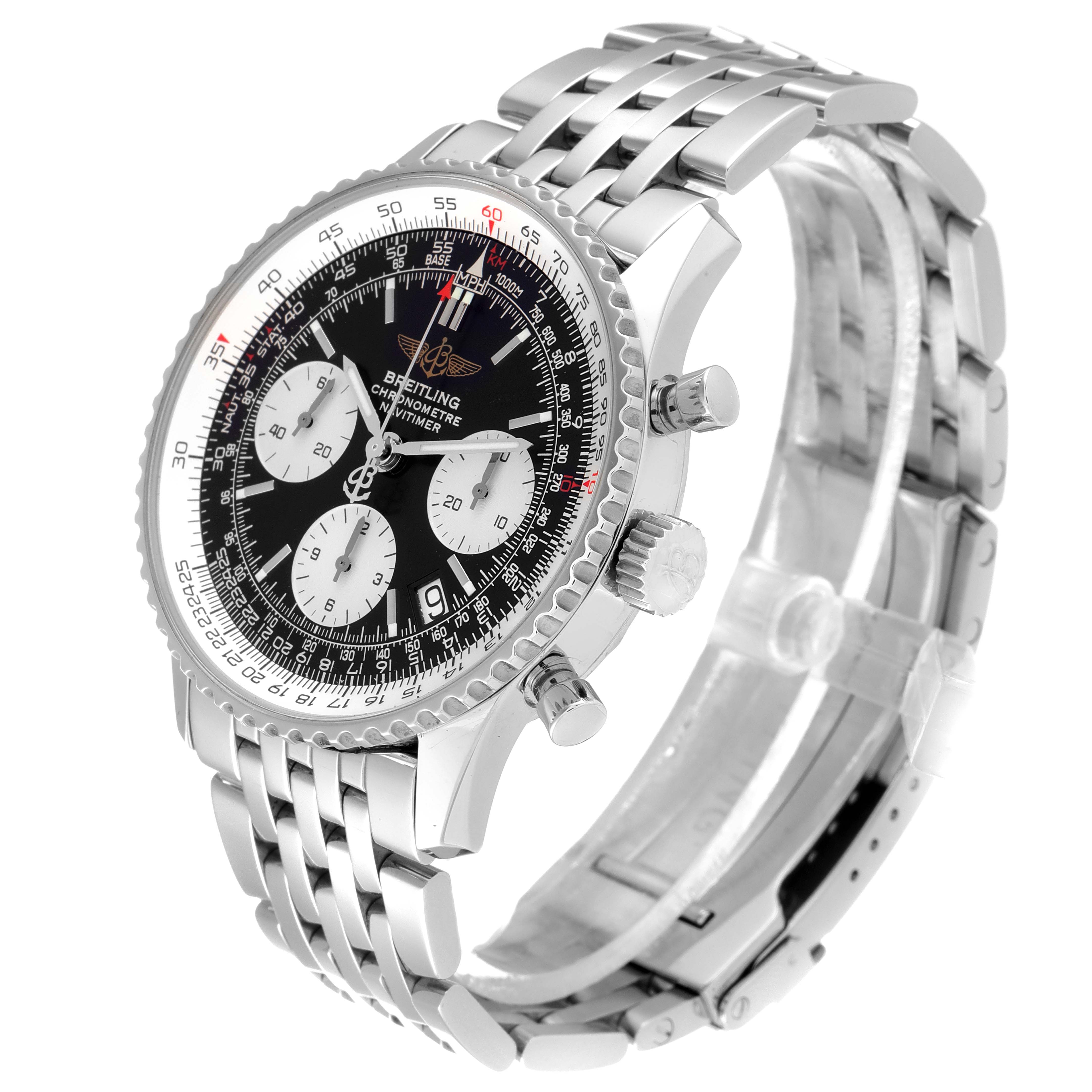 The Breitling Navitimer A23322 Men's Stainless Steel Black Dial A23322 Men's Stainless Steel Black Dial watch is shown at a three-quarter angle, highlighting the face, chronographs, and metal bracelet.
