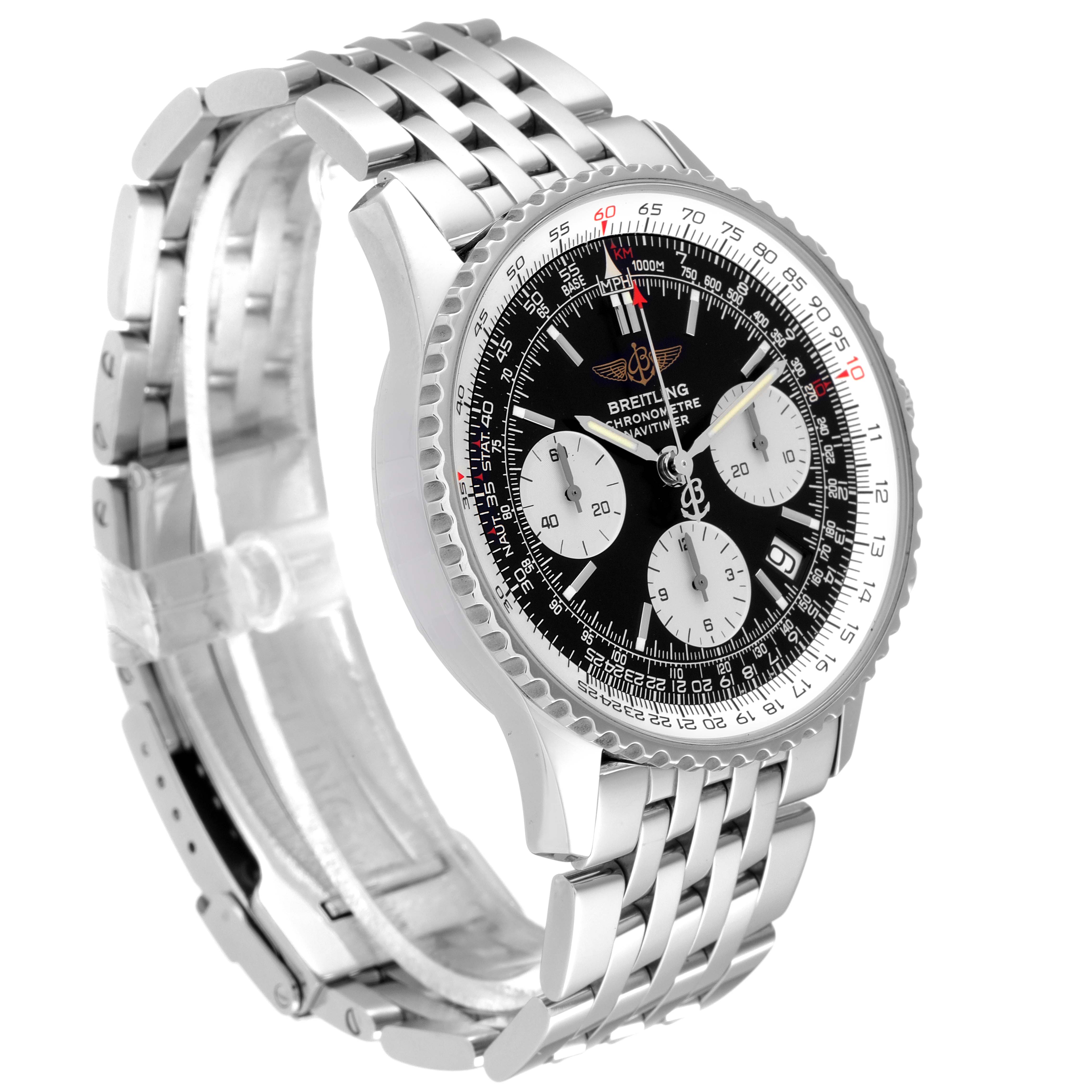 The Breitling Navitimer A23322 Men's Stainless Steel Black Dial A23322 Men's Stainless Steel Black Dial watch is shown at an oblique angle, displaying the face, bezel, lugs, and partial bracelet.