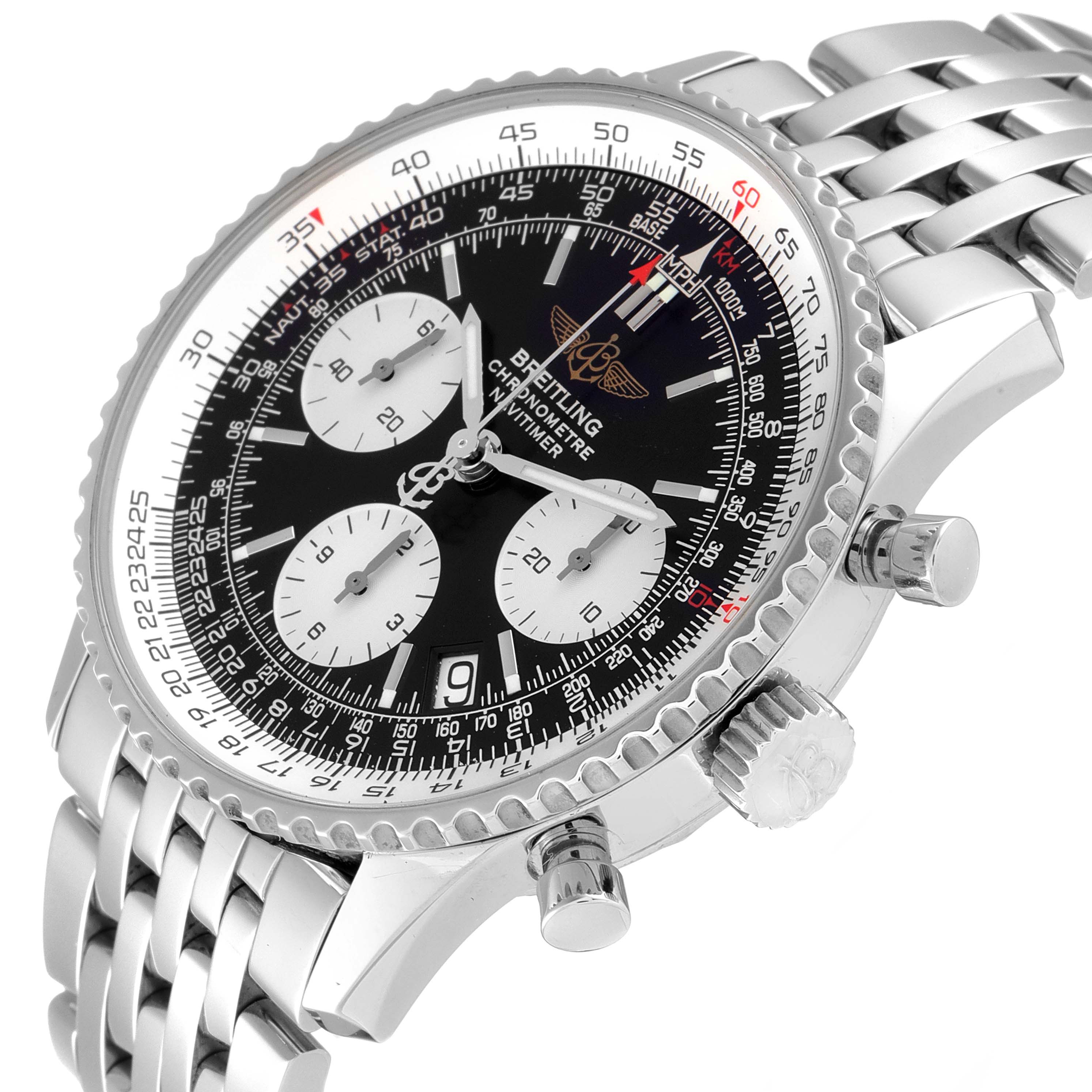 This image shows a Breitling Navitimer A23322 Men's Stainless Steel Black Dial A23322 Men's Stainless Steel Black Dial watch with a side view, highlighting its dial, bezel, crown, and stainless steel bracelet.