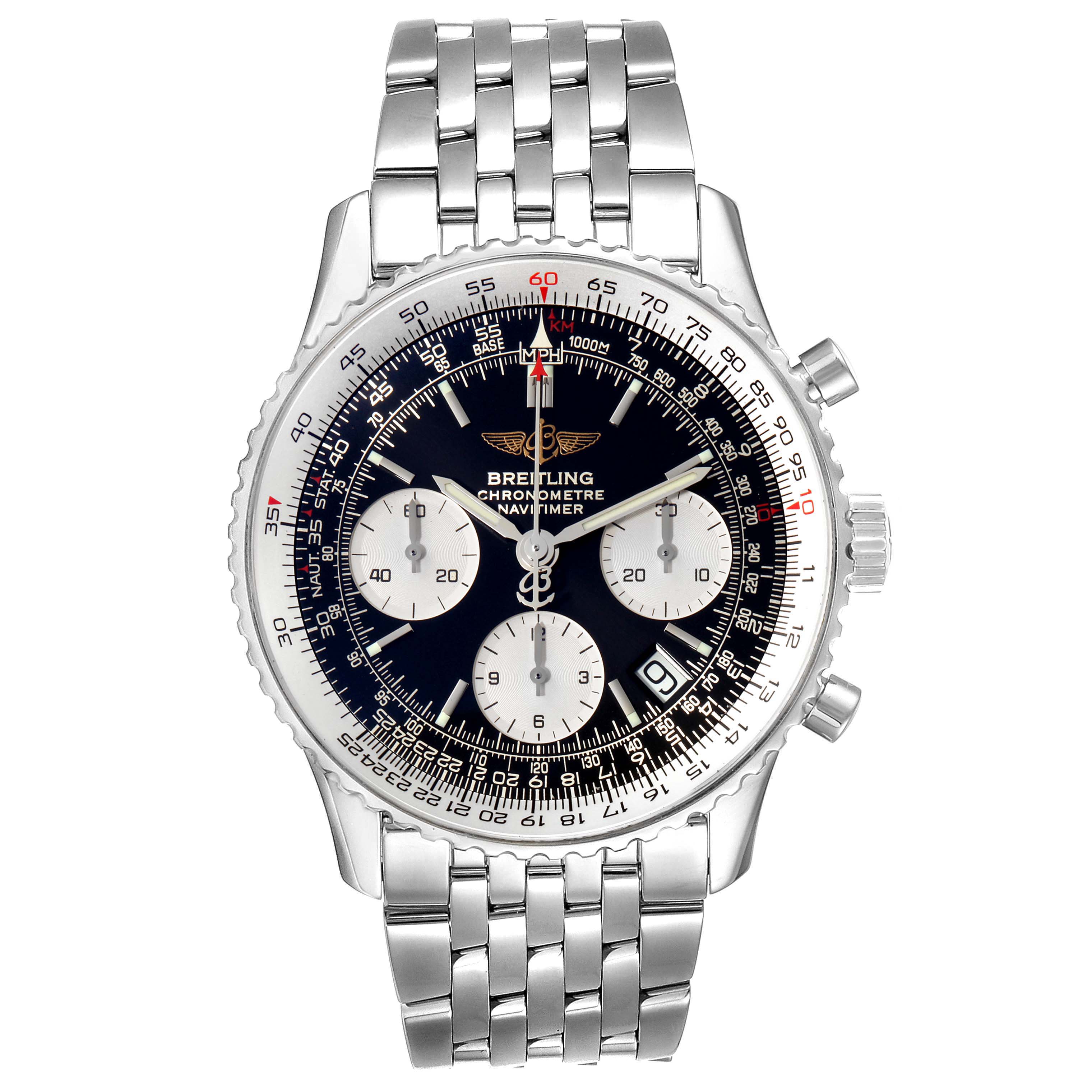 This image shows a front view of the Breitling Navitimer A23322 Men's Stainless Steel Black Dial A23322 Men's Stainless Steel Black Dial watch, displaying its dial, bezel, and metal bracelet.