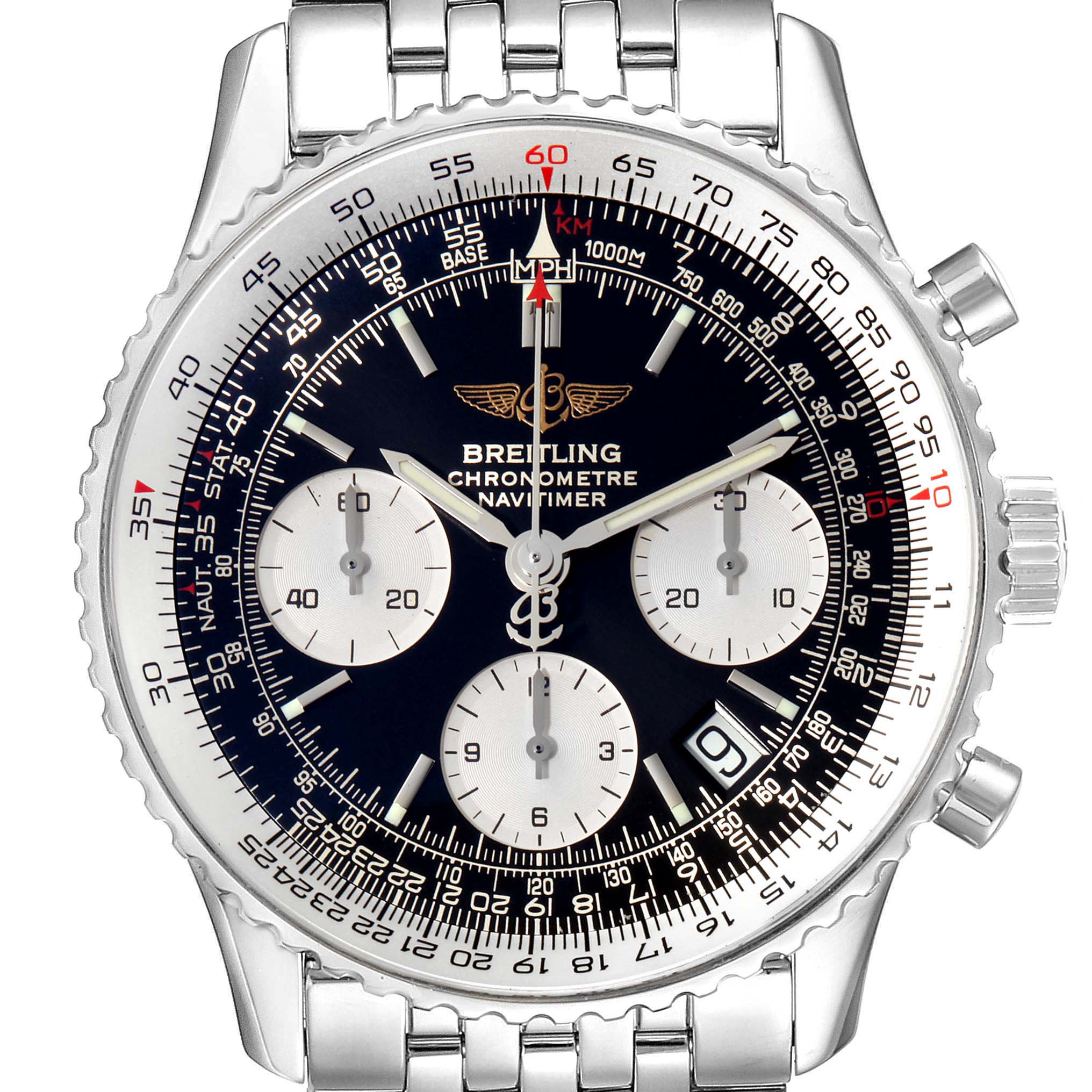 The image shows a front view of the Breitling Navitimer A23322 Men's Stainless Steel Black Dial A23322 Men's Stainless Steel Black Dial watch, highlighting its dial, bezel, and stainless steel bracelet.