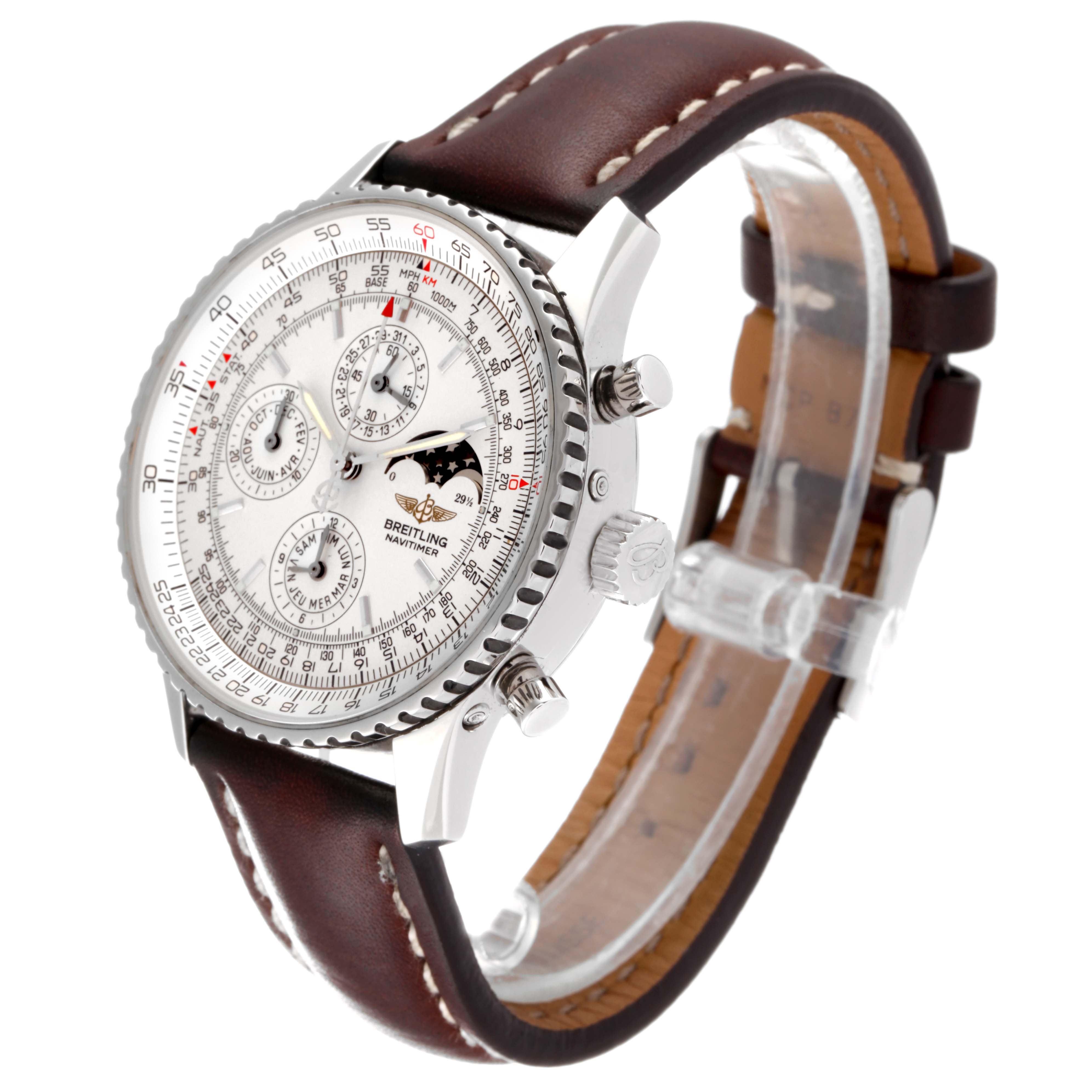 The Breitling Navitimer A19340 Men's Stainless Steel Silver Dial A19340 Men's Stainless Steel Silver Dial watch is shown at an oblique angle highlighting the face, bezel, chronograph buttons, and brown leather strap.