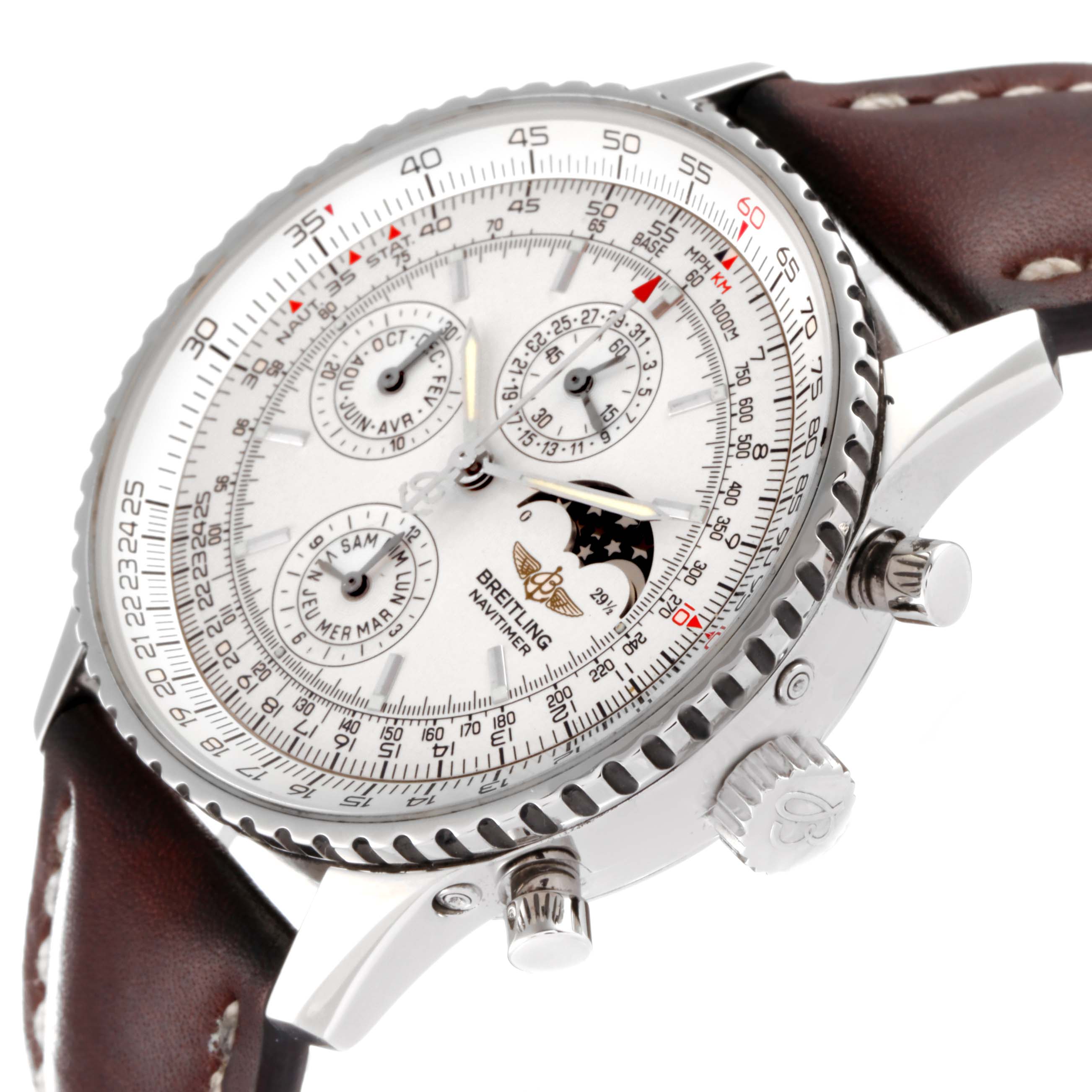 This image of a Breitling Navitimer A19340 Men's Stainless Steel Silver Dial A19340 Men's Stainless Steel Silver Dial watch shows a close-up angle, highlighting its detailed dial, bezel, and leather strap.