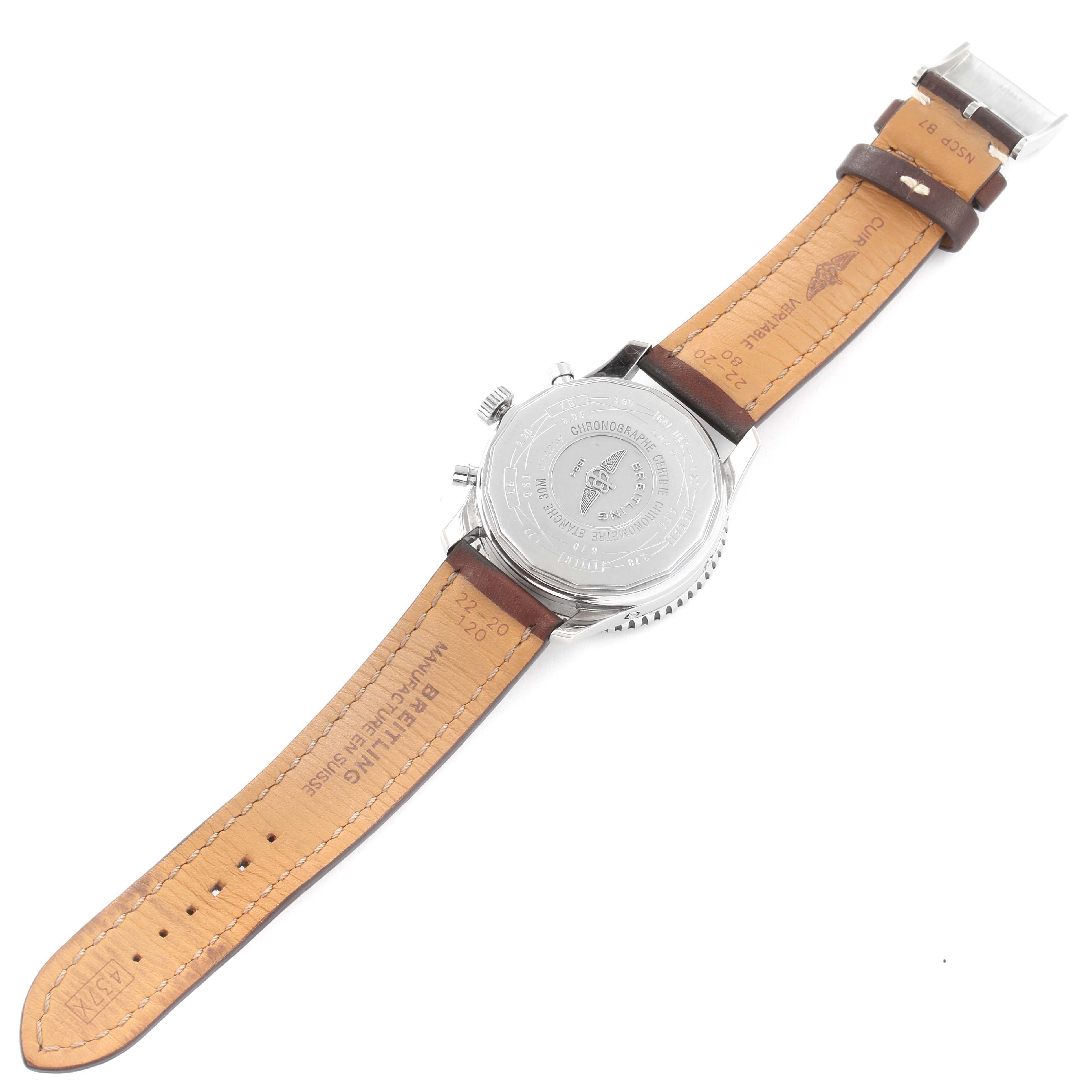 The image shows the back view of a Breitling Navitimer A19340 Men's Stainless Steel Silver Dial A19340 Men's Stainless Steel Silver Dial watch, highlighting its case back and leather strap.