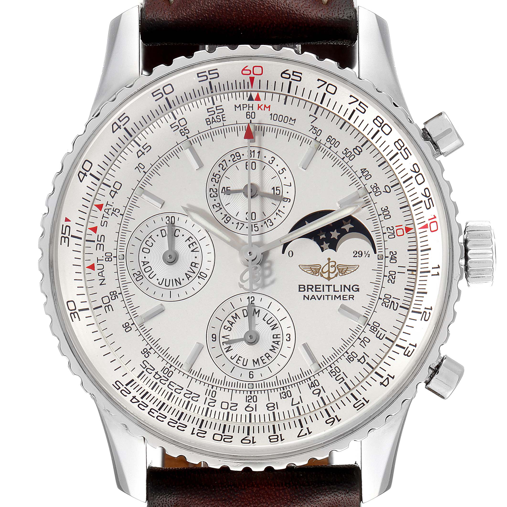 The image shows a frontal view of a Breitling Navitimer A19340 Men's Stainless Steel Silver Dial A19340 Men's Stainless Steel Silver Dial watch, displaying its detailed dial, chronograph sub-dials, and bezel.