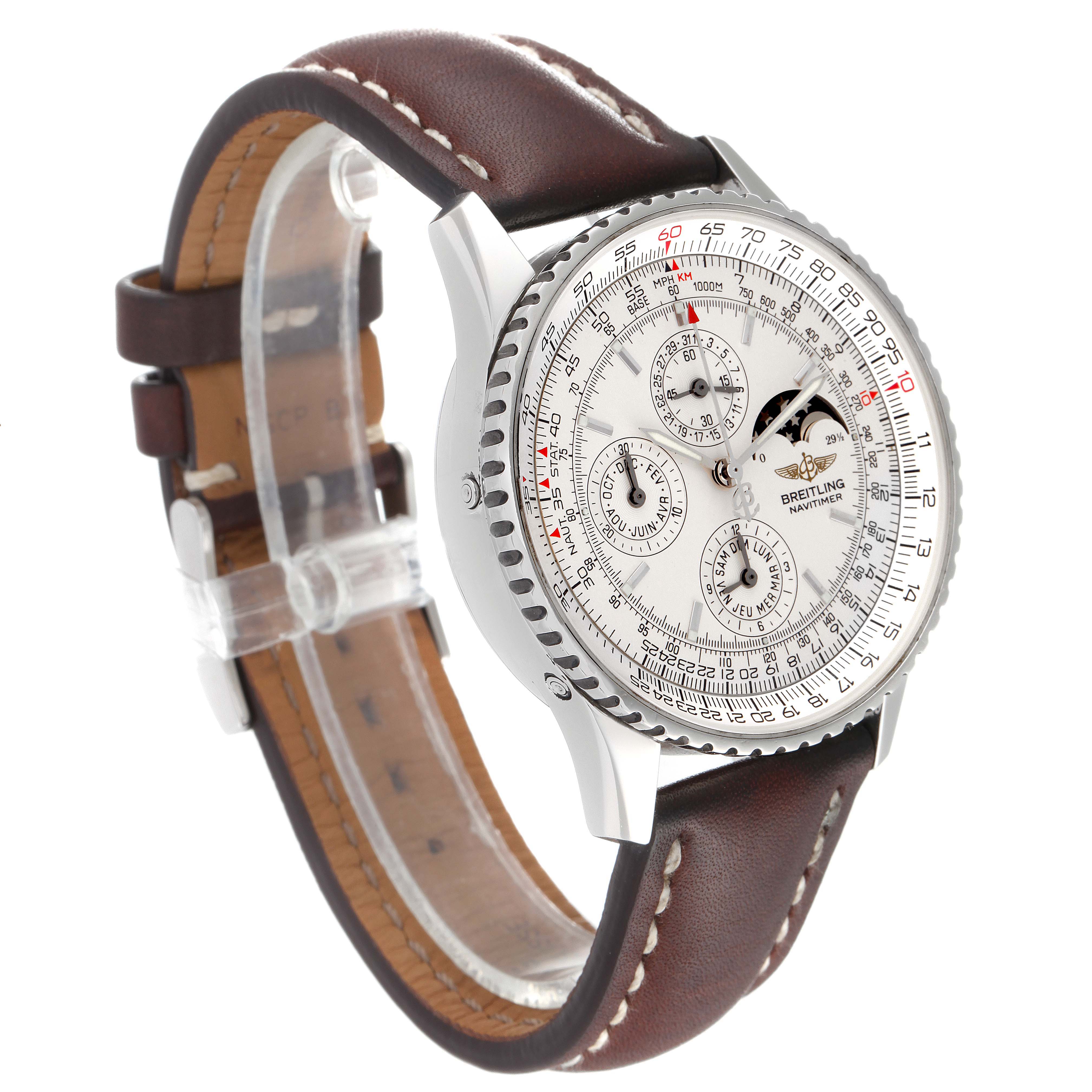 The image shows a Breitling Navitimer A19340 Men's Stainless Steel Silver Dial A19340 Men's Stainless Steel Silver Dial watch angled from the front-left, highlighting its dial, bezel, and leather strap.
