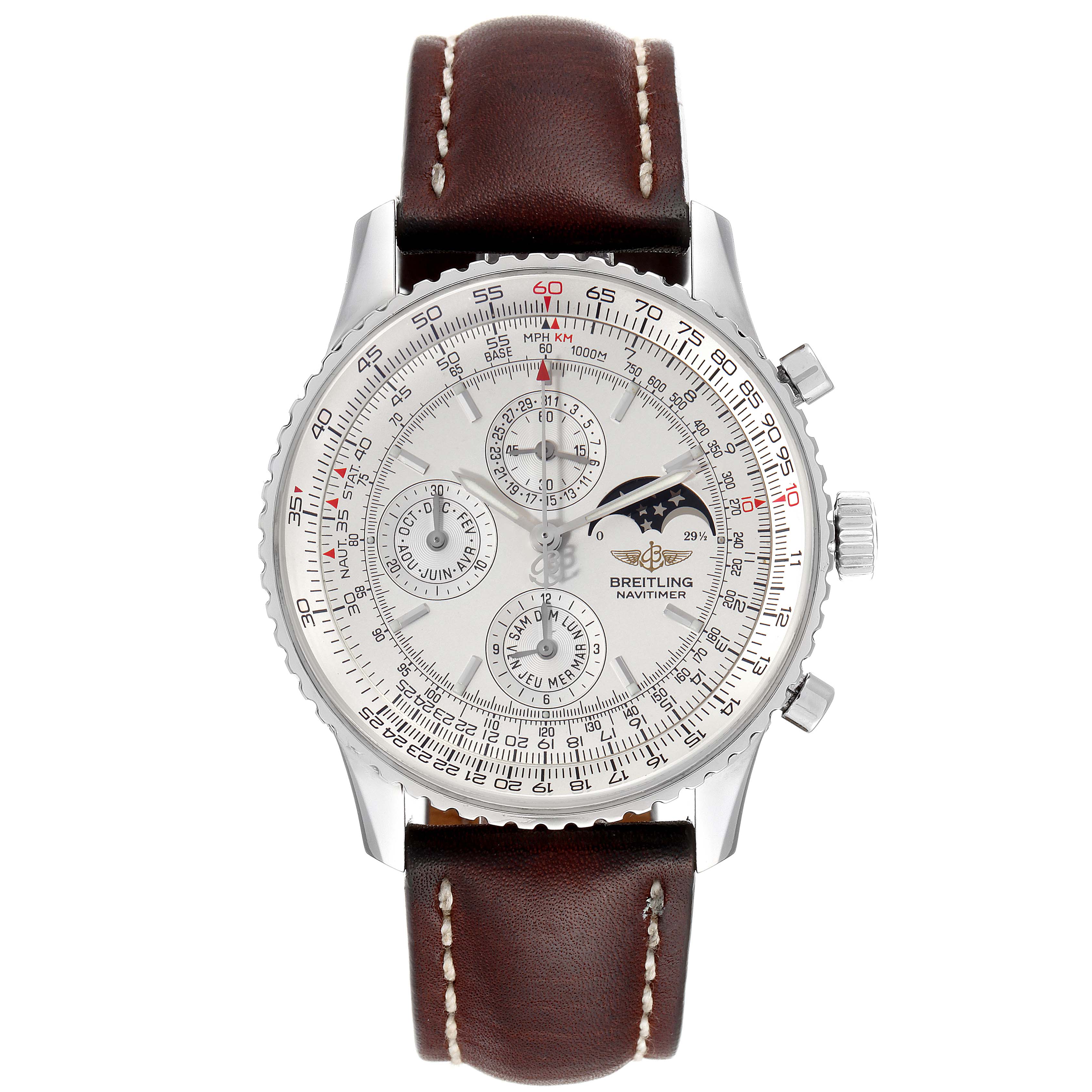 The image shows the Breitling Navitimer A19340 Men's Stainless Steel Silver Dial A19340 Men's Stainless Steel Silver Dial watch from a front angle, highlighting its face, bezel, sub-dials, and leather strap.