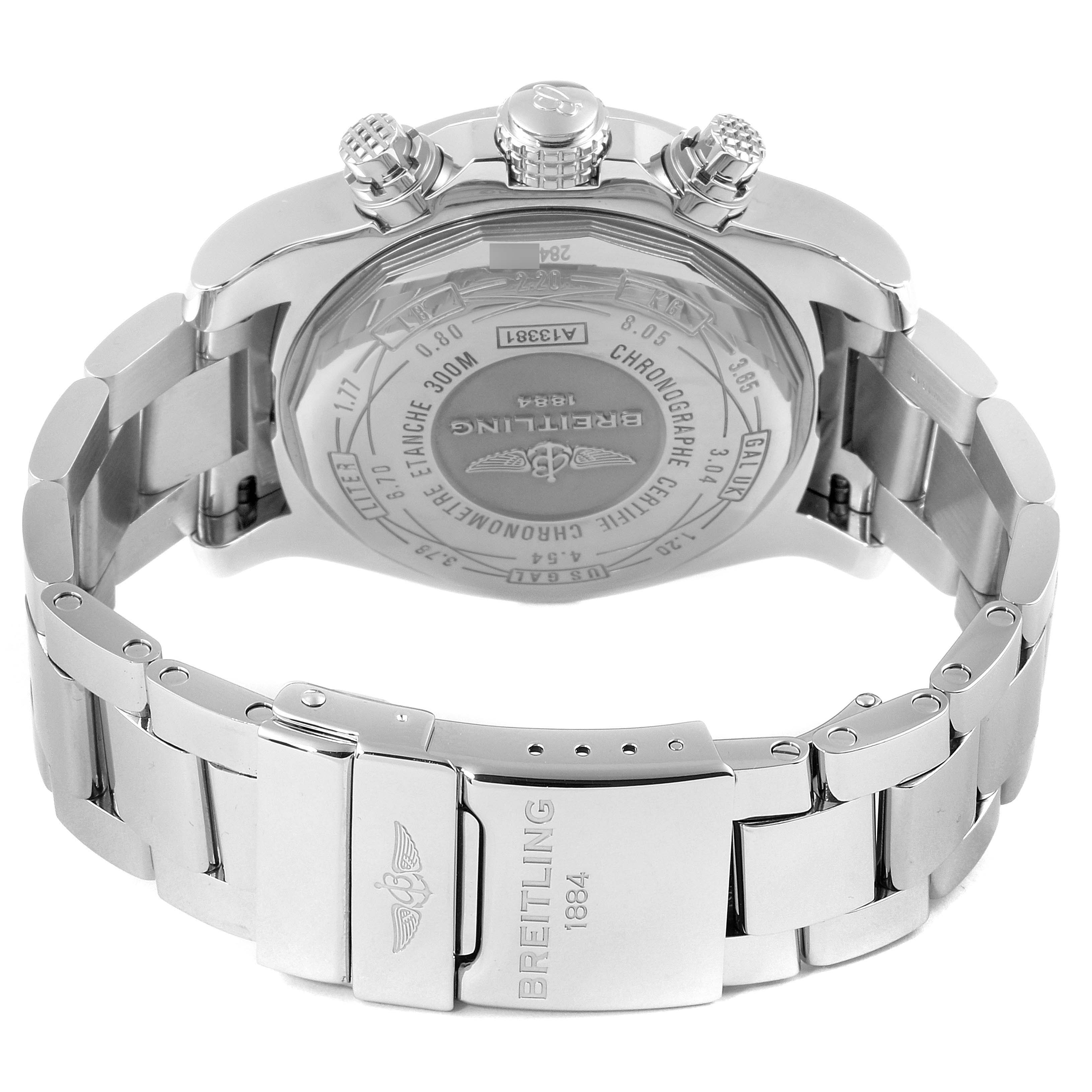 The image shows the back case and bracelet of a Breitling Avenger A13381 Men's Stainless Steel Mother of Pearl Dial A13381 Men's Stainless Steel Mother of Pearl Dial watch, highlighting its clasp and rear engraving.