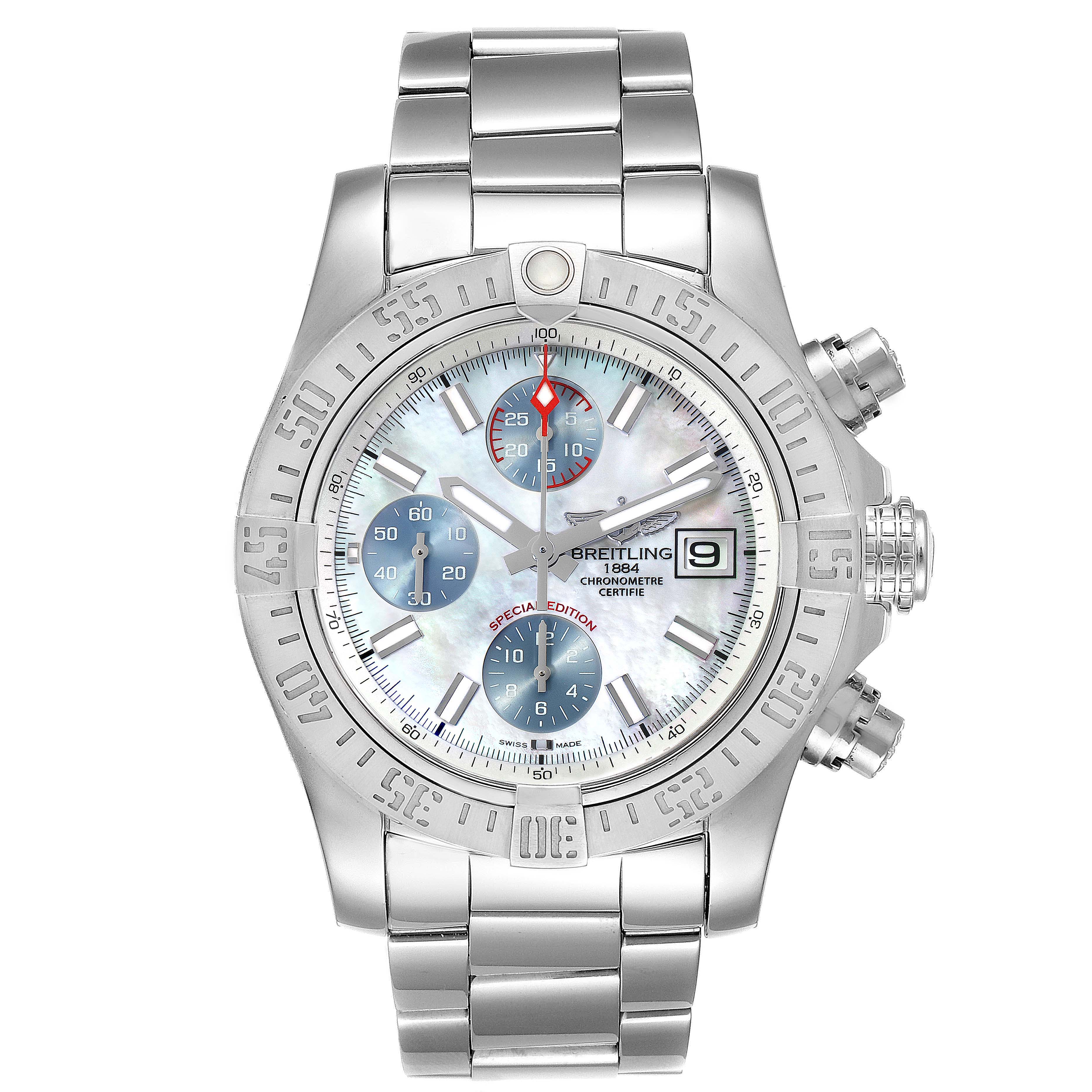 The image shows a front view of a Breitling Avenger A13381 Men's Stainless Steel Mother of Pearl Dial A13381 Men's Stainless Steel Mother of Pearl Dial watch with a metal bracelet and detailed chronograph face.