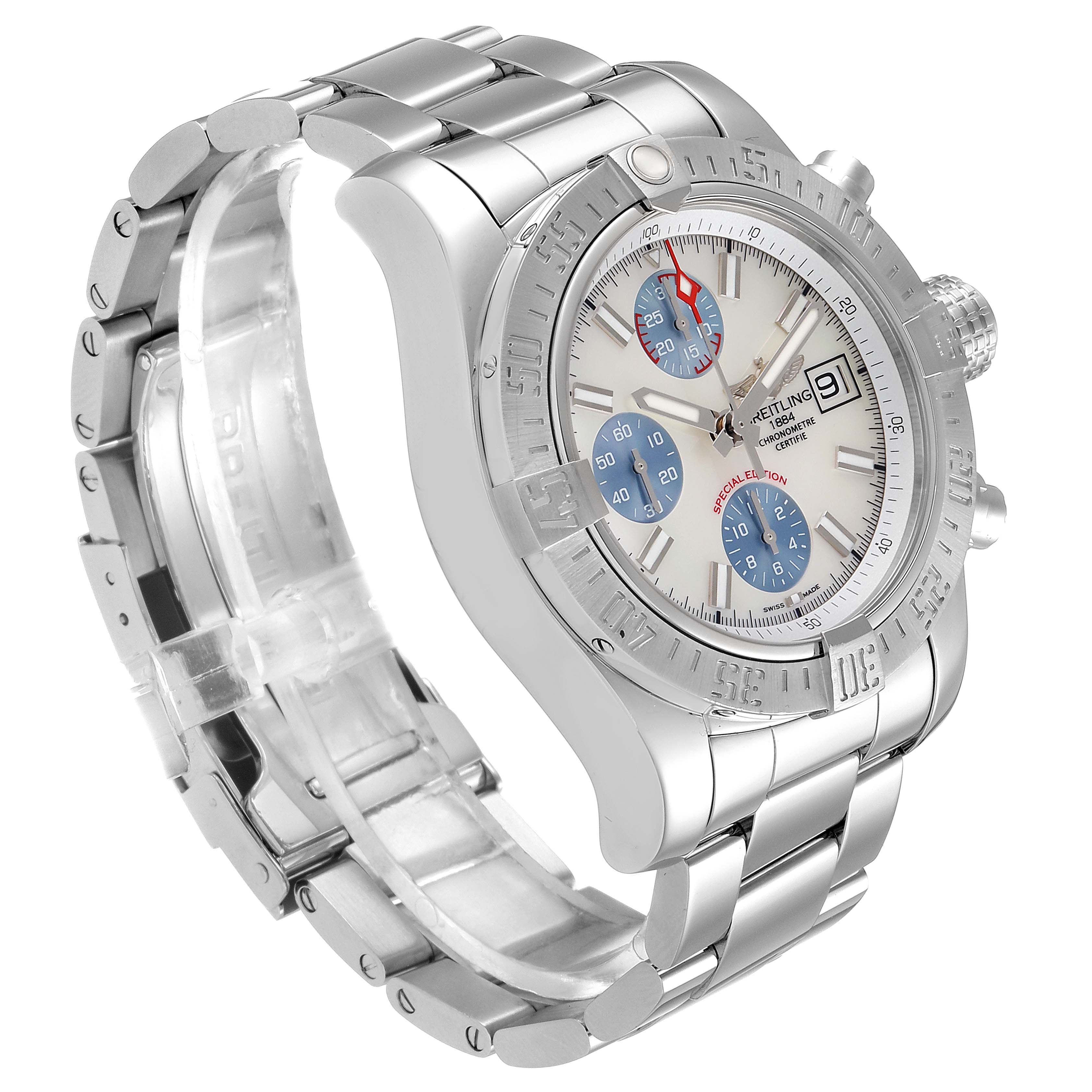 The image shows a side angle of a Breitling Avenger A13381 Men's Stainless Steel Mother of Pearl Dial A13381 Men's Stainless Steel Mother of Pearl Dial watch, highlighting its metal bracelet, bezel, and dial with sub-dials.