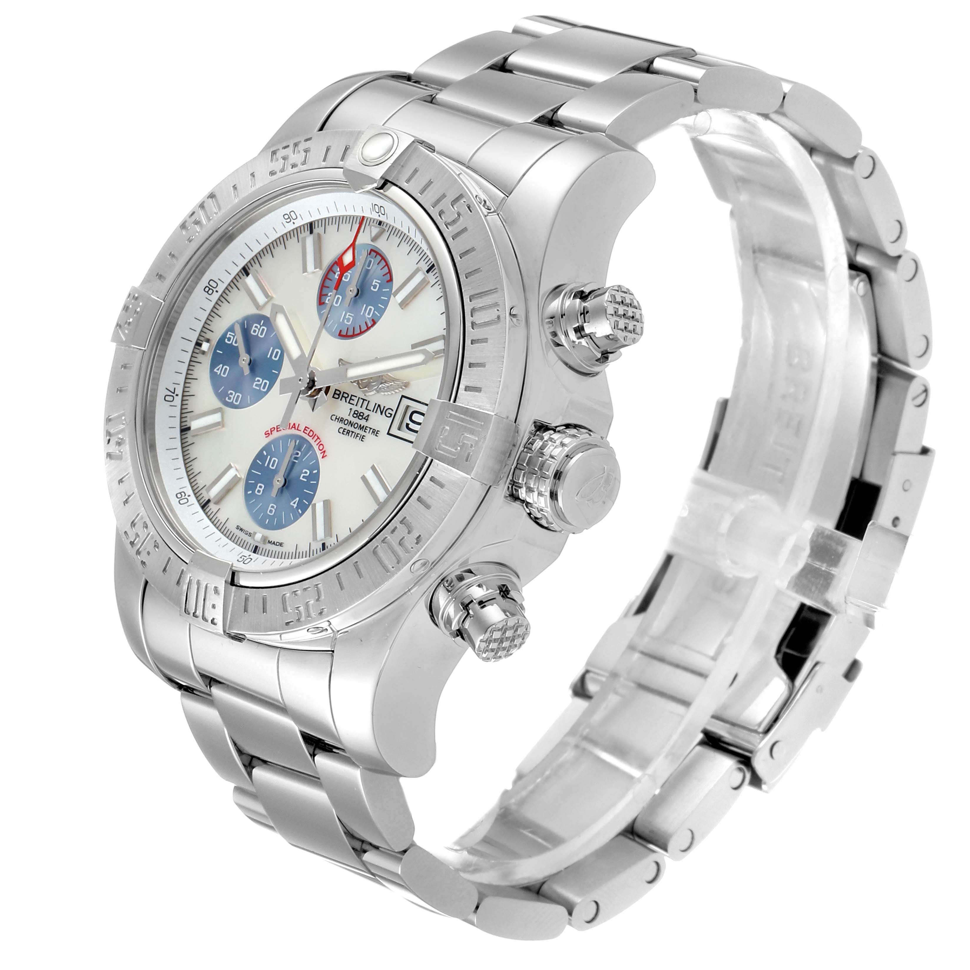 The image shows a Breitling Avenger A13381 Men's Stainless Steel Mother of Pearl Dial A13381 Men's Stainless Steel Mother of Pearl Dial watch from an angled side view, highlighting the face, bezel, crown, pushers, and metal bracelet.