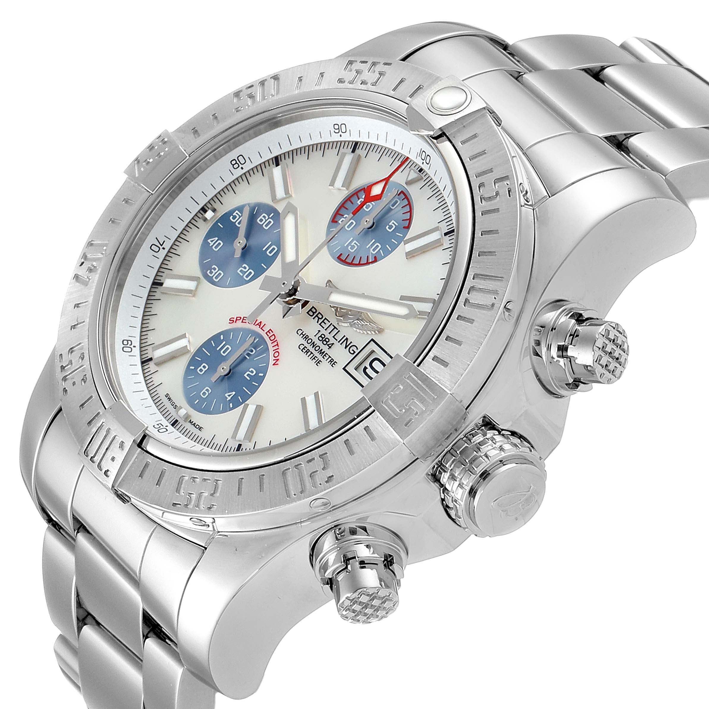 The Breitling Avenger A13381 Men's Stainless Steel Mother of Pearl Dial A13381 Men's Stainless Steel Mother of Pearl Dial watch is shown from an angled side view, highlighting the bezel, dial, and pushers.