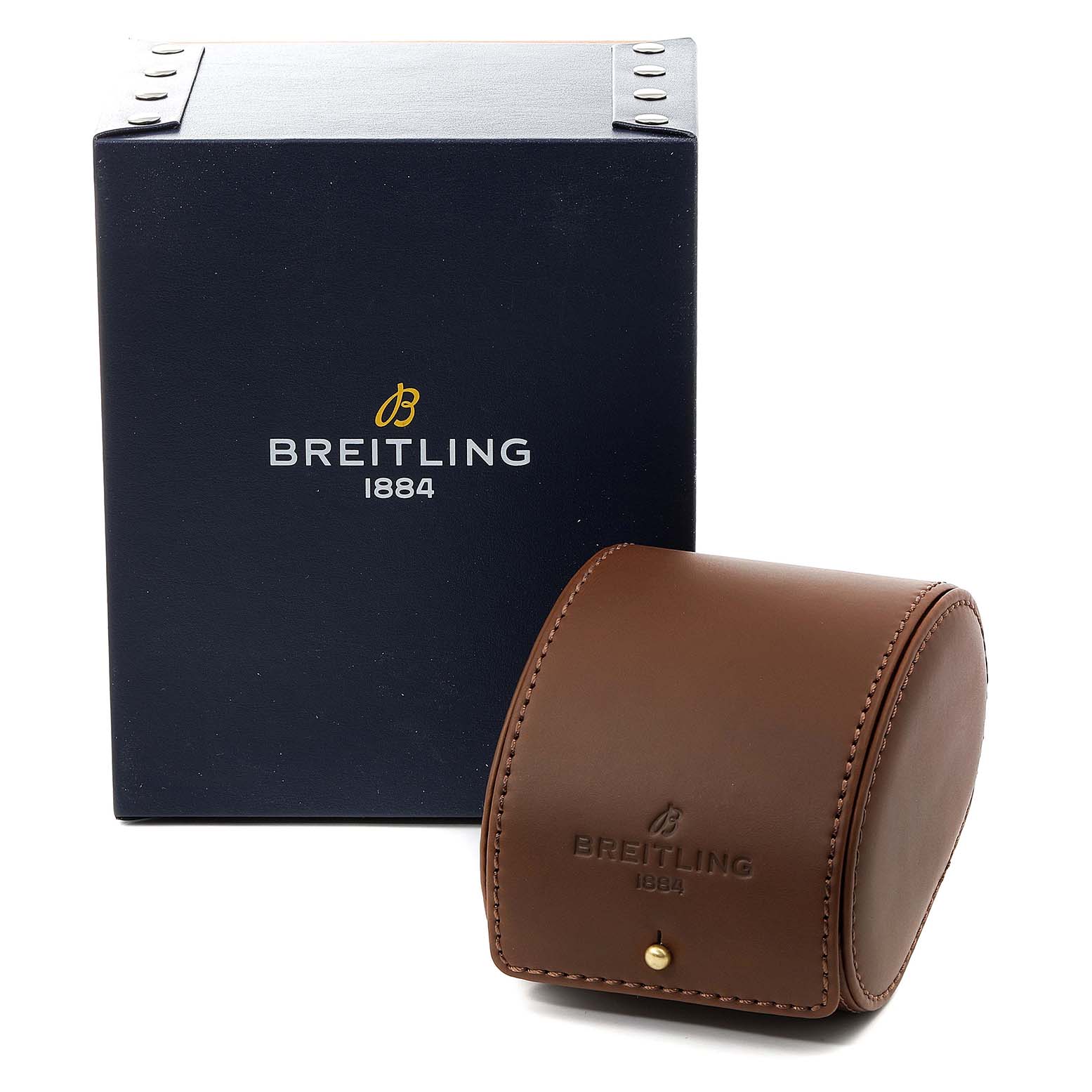 The image shows a Breitling Avenger A13381 Men's Stainless Steel Mother of Pearl Dial A13381 Men's Stainless Steel Mother of Pearl Dial watch packaging, including a black box and a brown leather travel case, both angled slightly to the left.
