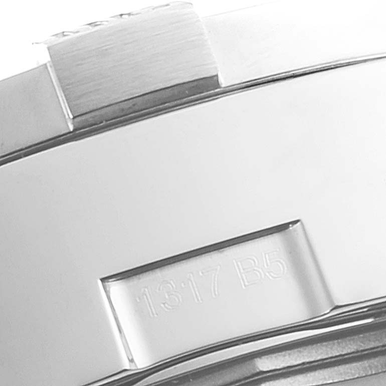 The image shows a close-up of the casing and clasp area of the Breitling Avenger A13381 Men's Stainless Steel Mother of Pearl Dial A13381 Men's Stainless Steel Mother of Pearl Dial watch, highlighting the brushed metal finish.