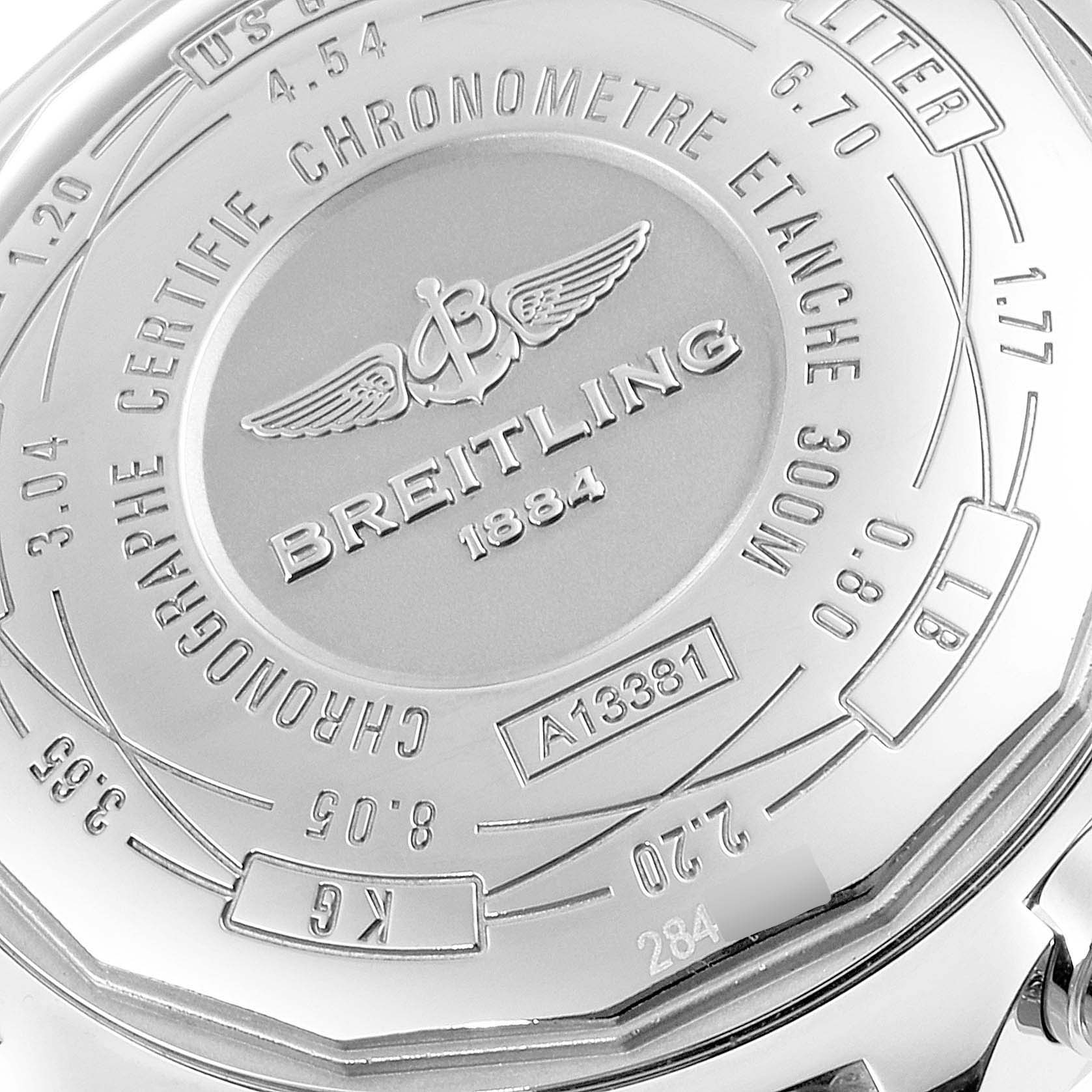 This image shows the back of a Breitling Avenger A13381 Men's Stainless Steel Mother of Pearl Dial A13381 Men's Stainless Steel Mother of Pearl Dial watch, highlighting its engravings and water resistance rating.