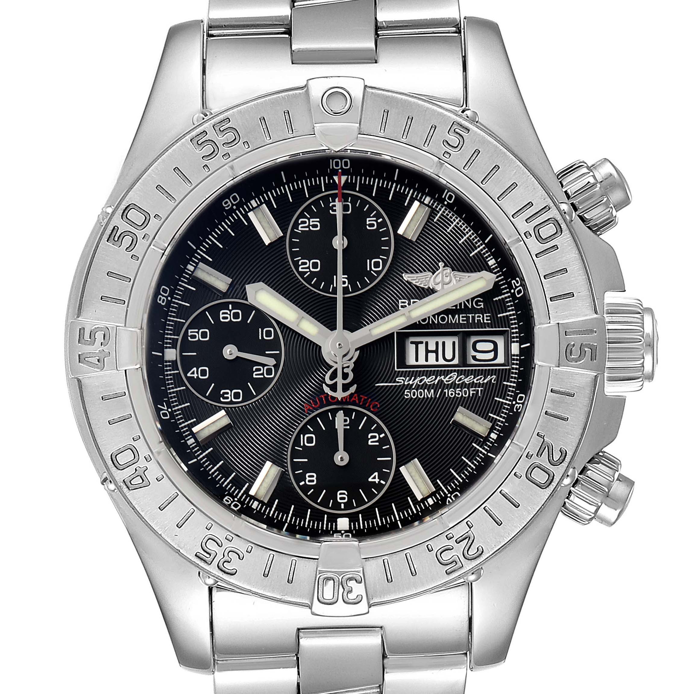 The image shows a front view of a Breitling Superocean A13340 Men
s Stainless Steel Black Dial A13340 Men
s Stainless Steel Black Dial watch displaying the face, bezel, and part of the bracelet.
