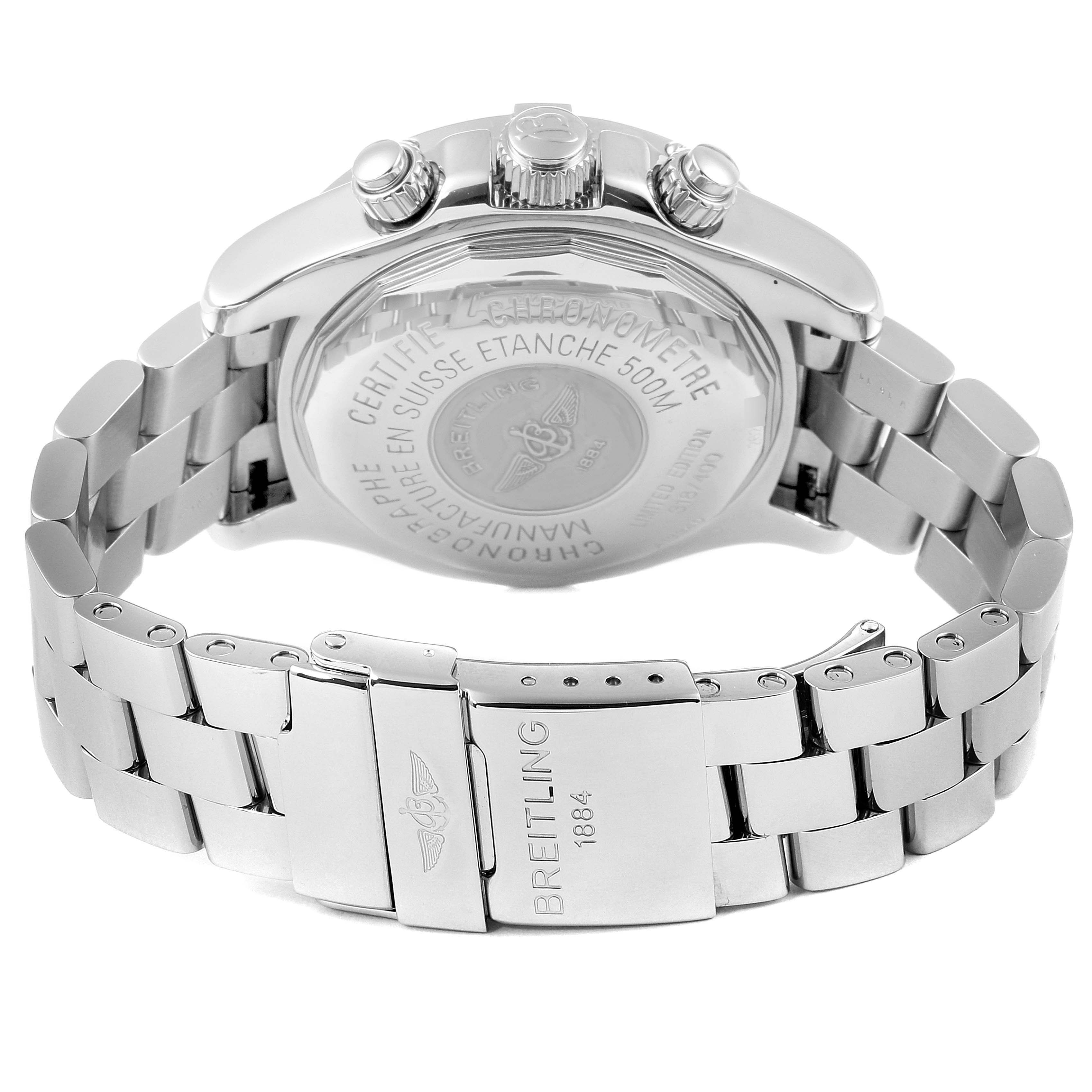 The image shows the back view of the Breitling Superocean A13340 Men
s Stainless Steel Black Dial A13340 Men
s Stainless Steel Black Dial watch, highlighting its clasp, case back, crown, and pushers.