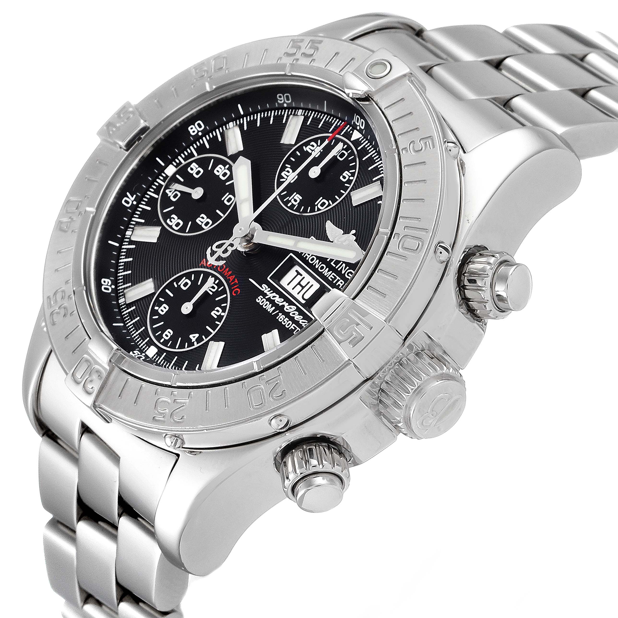 This image shows a side and partial front view of a Breitling Superocean A13340 Men
s Stainless Steel Black Dial A13340 Men
s Stainless Steel Black Dial watch, highlighting its bezel, crown, and black dial.