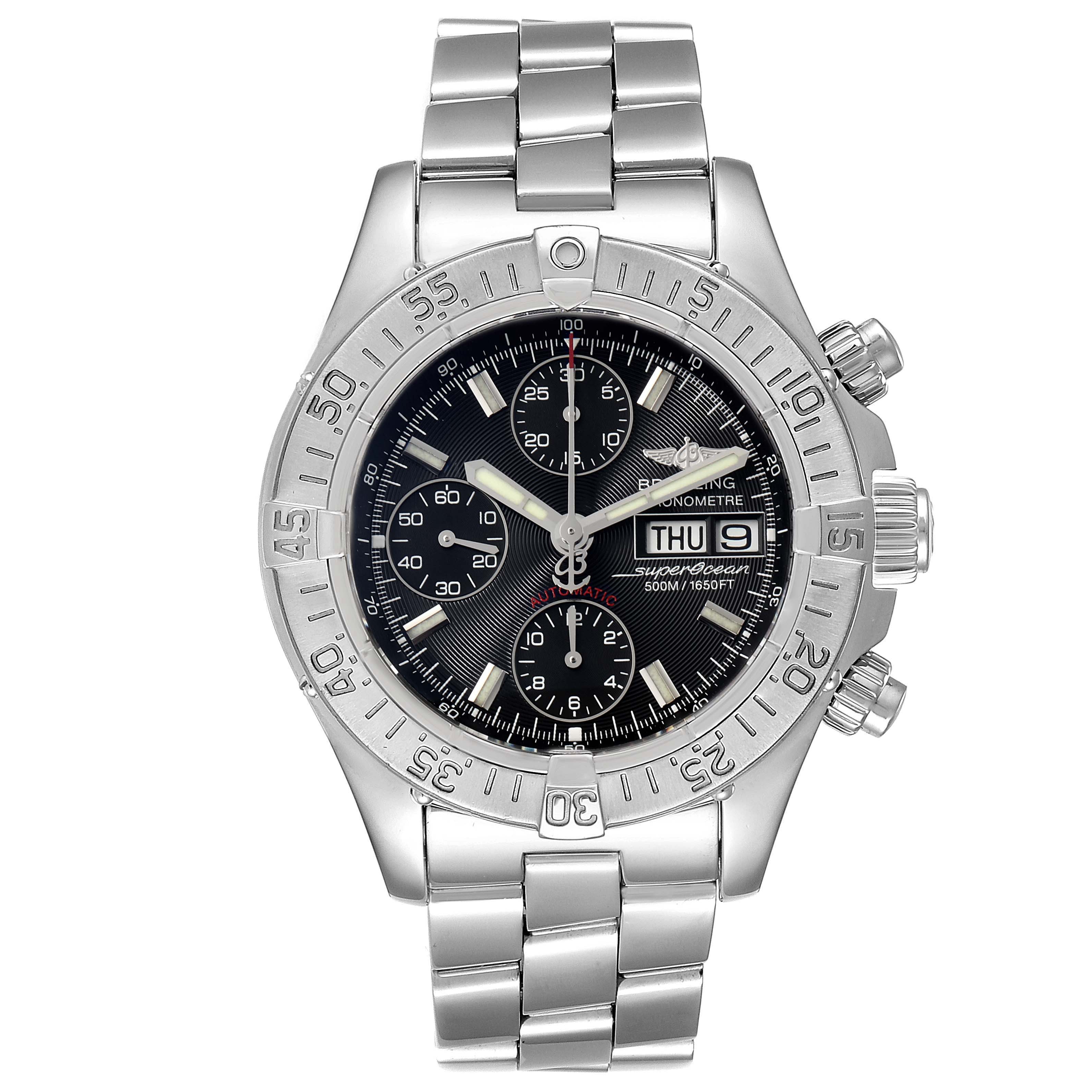 This image shows a front view of the Breitling Superocean A13340 Men
s Stainless Steel Black Dial A13340 Men
s Stainless Steel Black Dial watch, highlighting its full dial, bezel, and stainless steel bracelet.