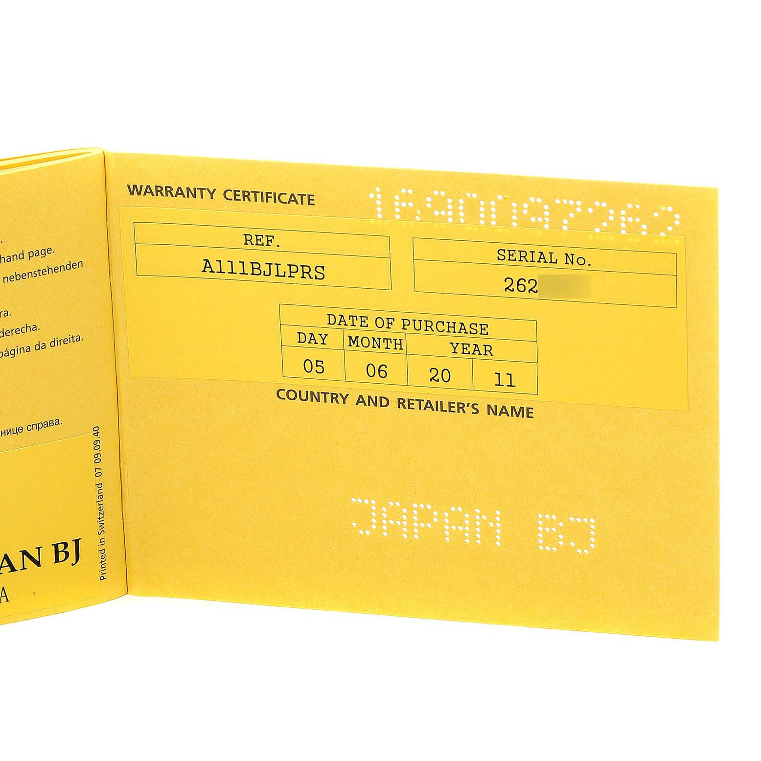 This image shows the warranty certificate for a Breitling Superocean A13340 Men
s Stainless Steel Black Dial A13340 Men
s Stainless Steel Black Dial watch, focusing on the reference number, serial number, and date of purchase.