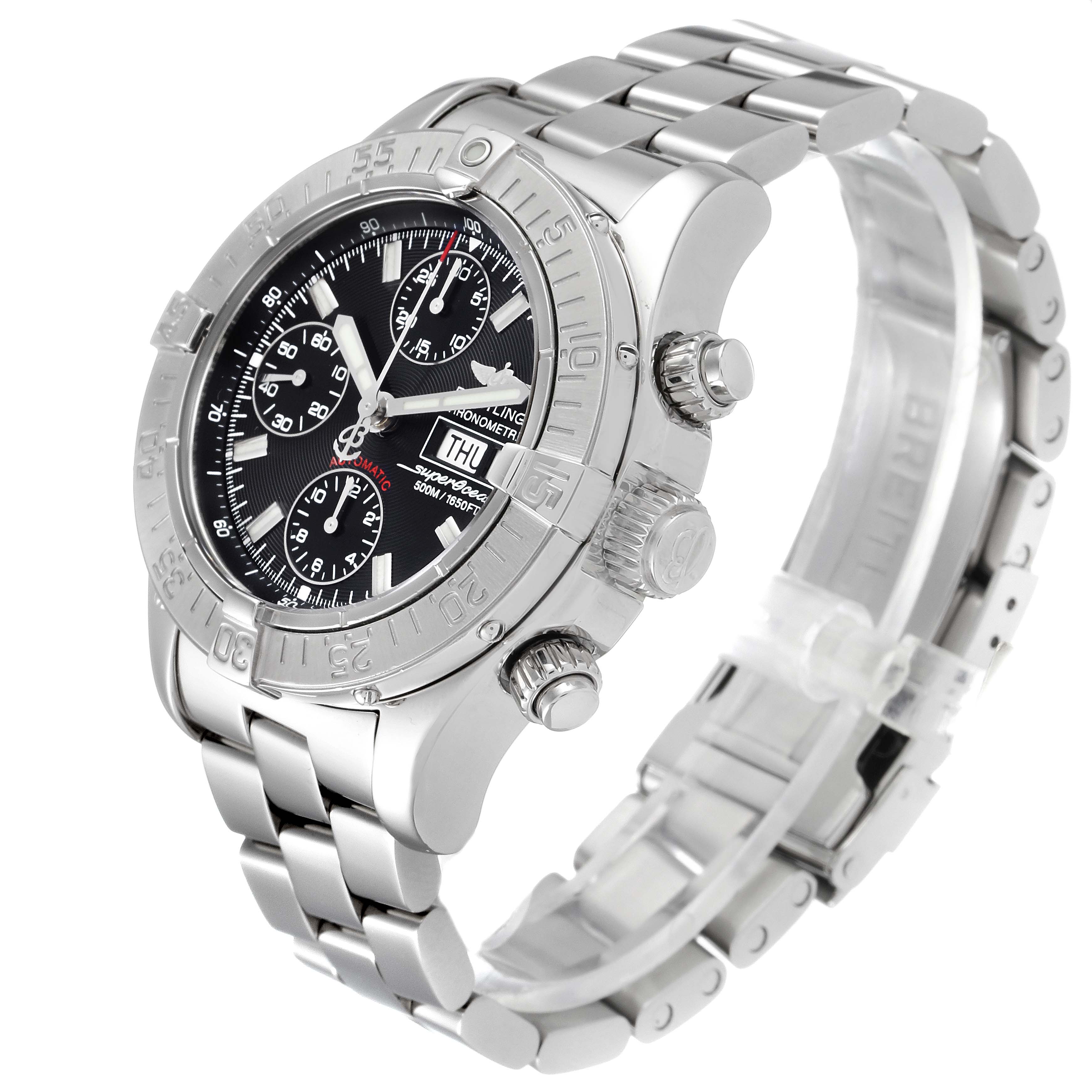 This Breitling Superocean A13340 Men
s Stainless Steel Black Dial A13340 Men
s Stainless Steel Black Dial watch is shown at an angle highlighting the bezel, dial, crown, pushers, and steel bracelet.