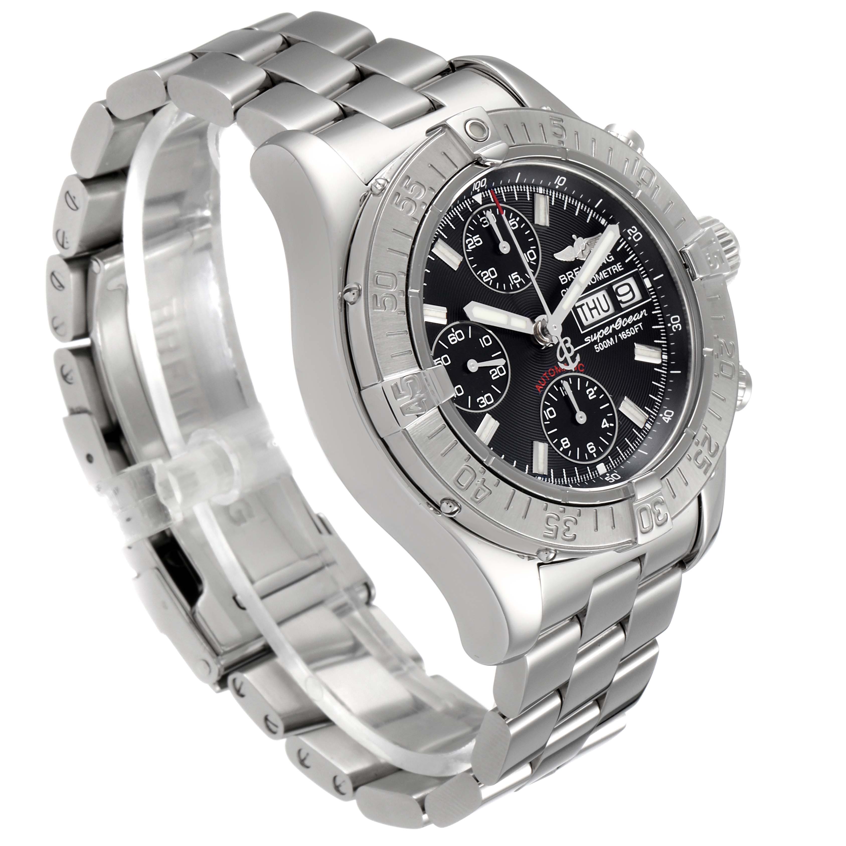The image shows a Breitling Superocean A13340 Men
s Stainless Steel Black Dial A13340 Men
s Stainless Steel Black Dial watch at a three-quarter angle, highlighting its stainless steel case, bezel, and bracelet.