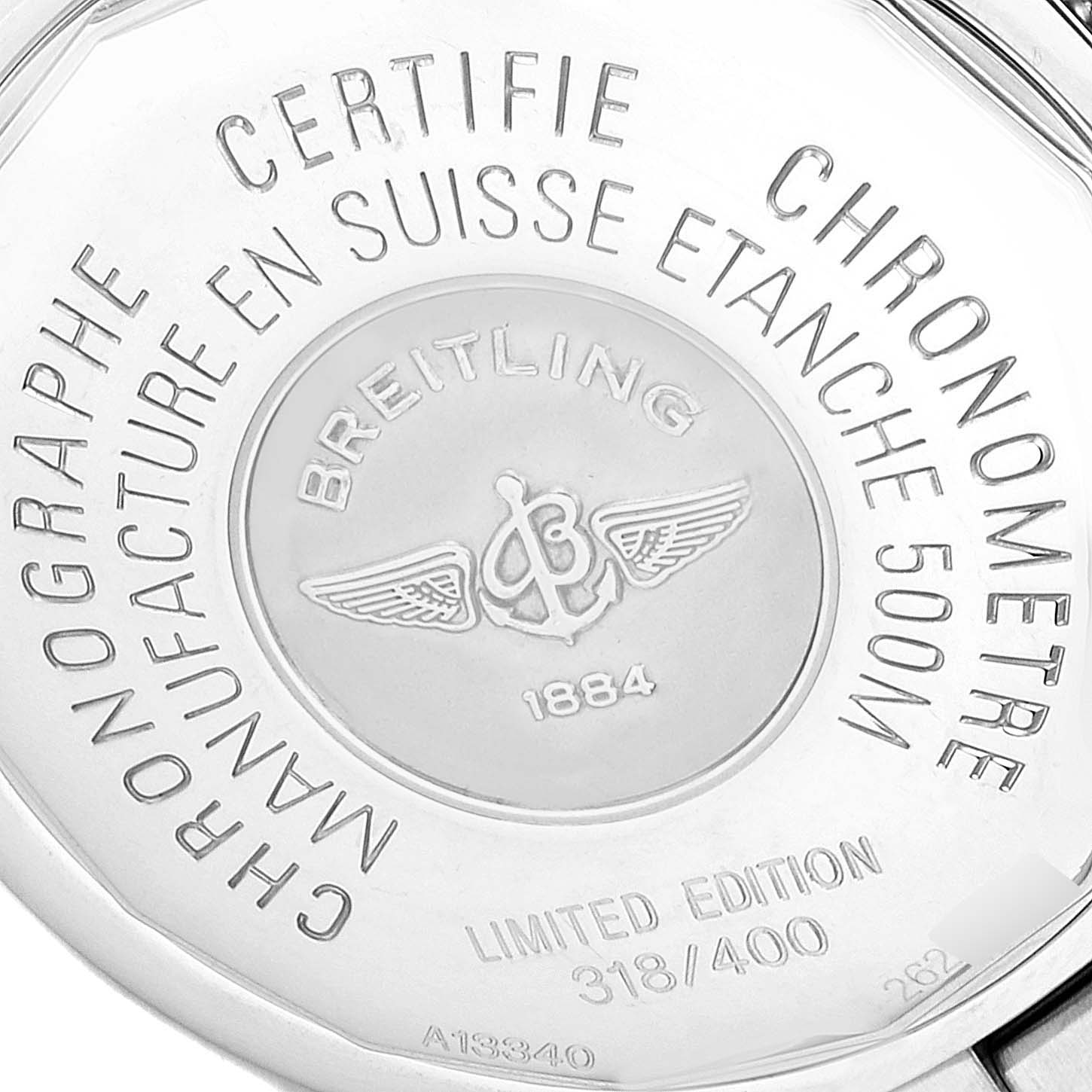 This image shows the back case of the Breitling Superocean A13340 Men
s Stainless Steel Black Dial A13340 Men
s Stainless Steel Black Dial watch, highlighting its engravings and limited edition number.