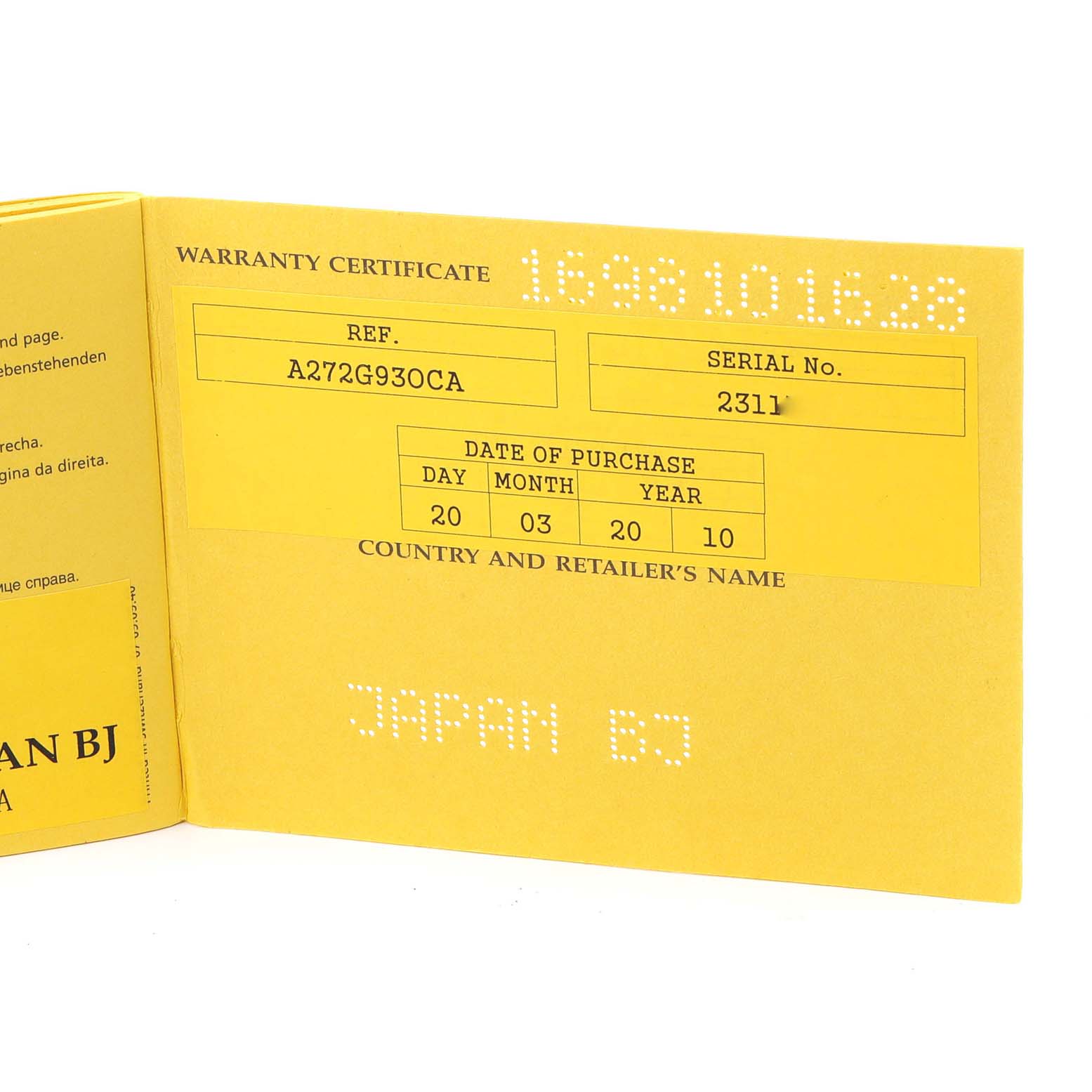 The image shows the warranty certificate booklet for a Breitling Superocean A23320 Men
s Stainless Steel Silver Dial A23320 Men
s Stainless Steel Silver Dial watch, featuring purchase details and serial number.