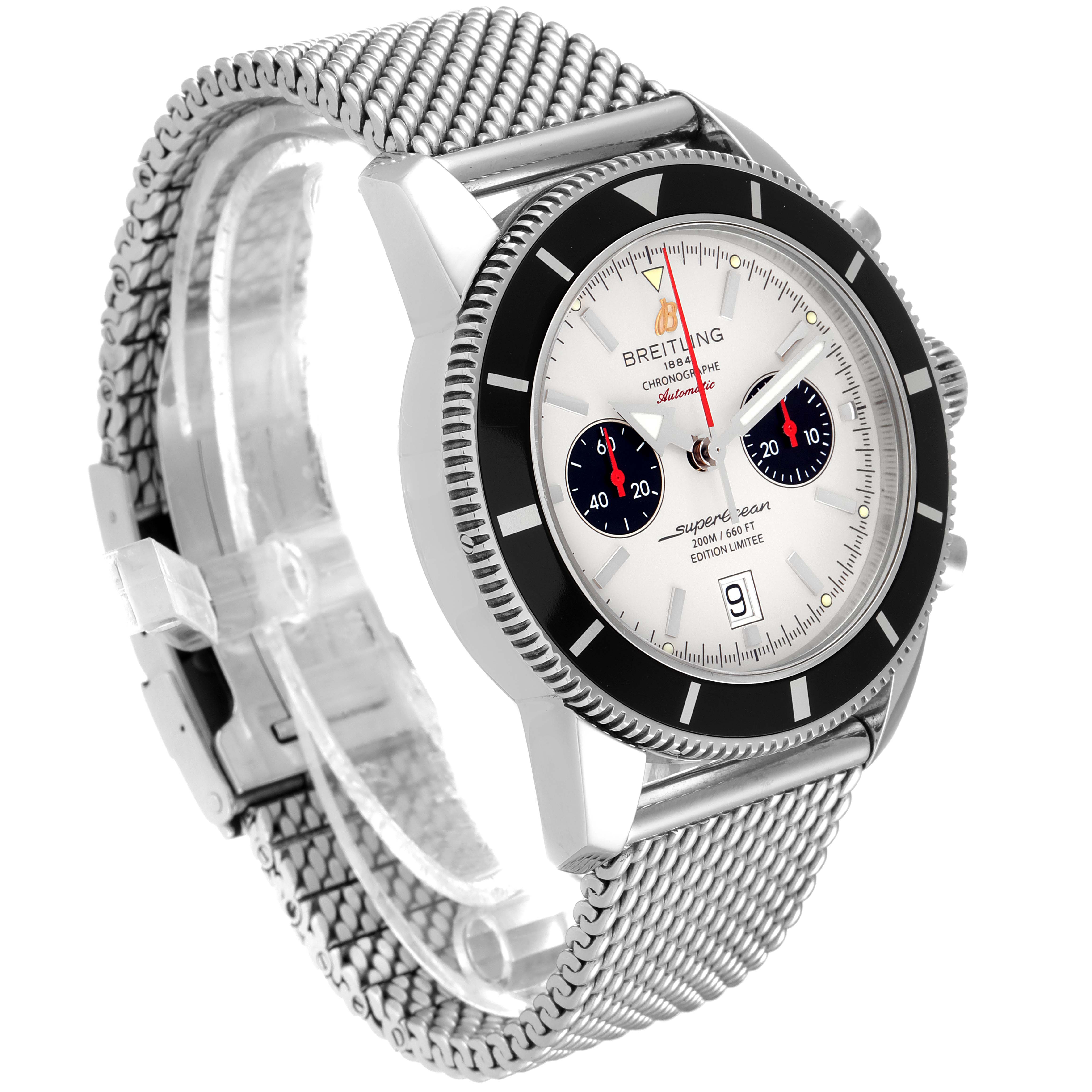 The Breitling Superocean A23320 Men
s Stainless Steel Silver Dial A23320 Men
s Stainless Steel Silver Dial watch is shown at a 3/4 angle, displaying the face, bezel, side buttons, and silver mesh band.