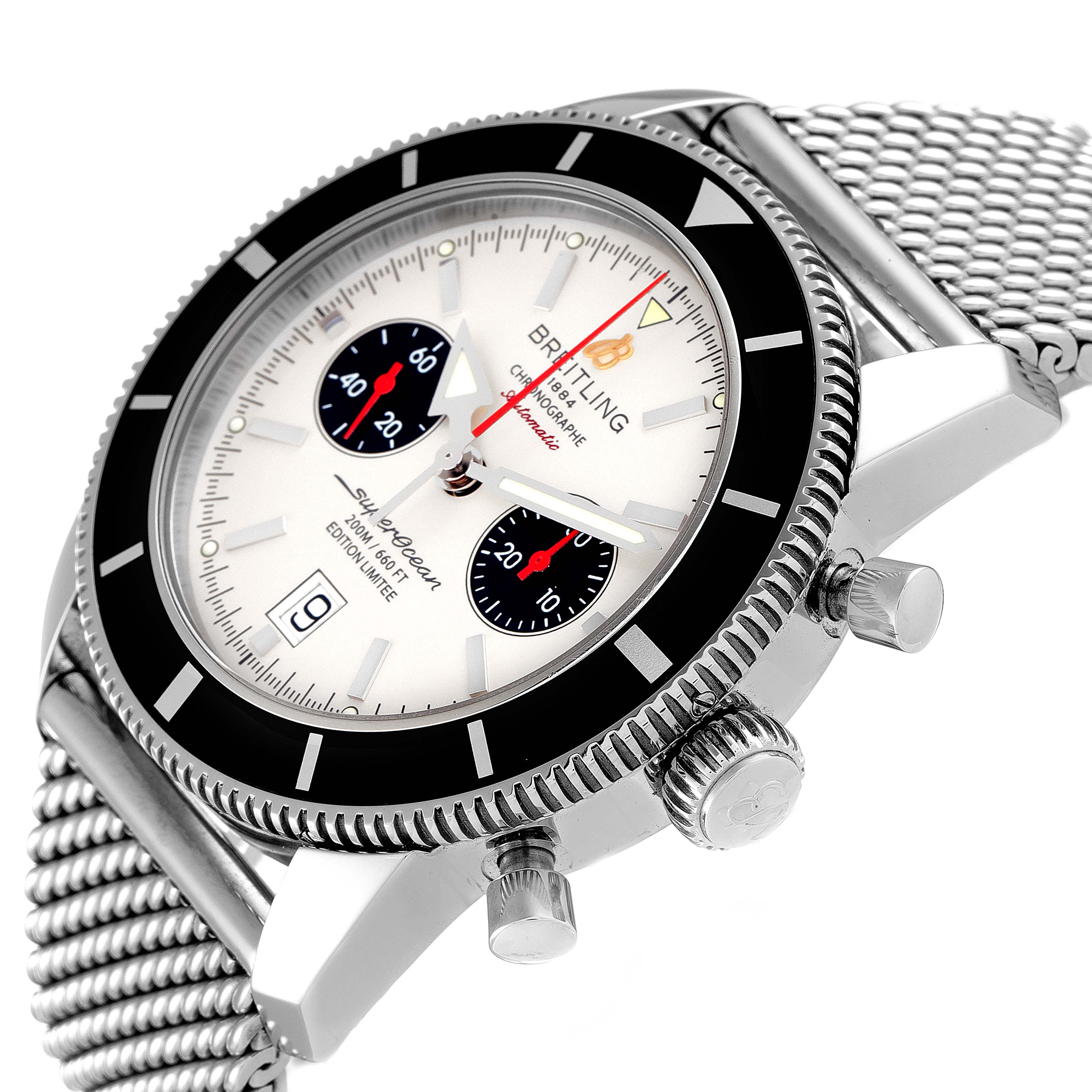 The image shows a Breitling Superocean A23320 Men
s Stainless Steel Silver Dial A23320 Men
s Stainless Steel Silver Dial watch at an angled side view, highlighting its bezel, crown, and mesh strap.
