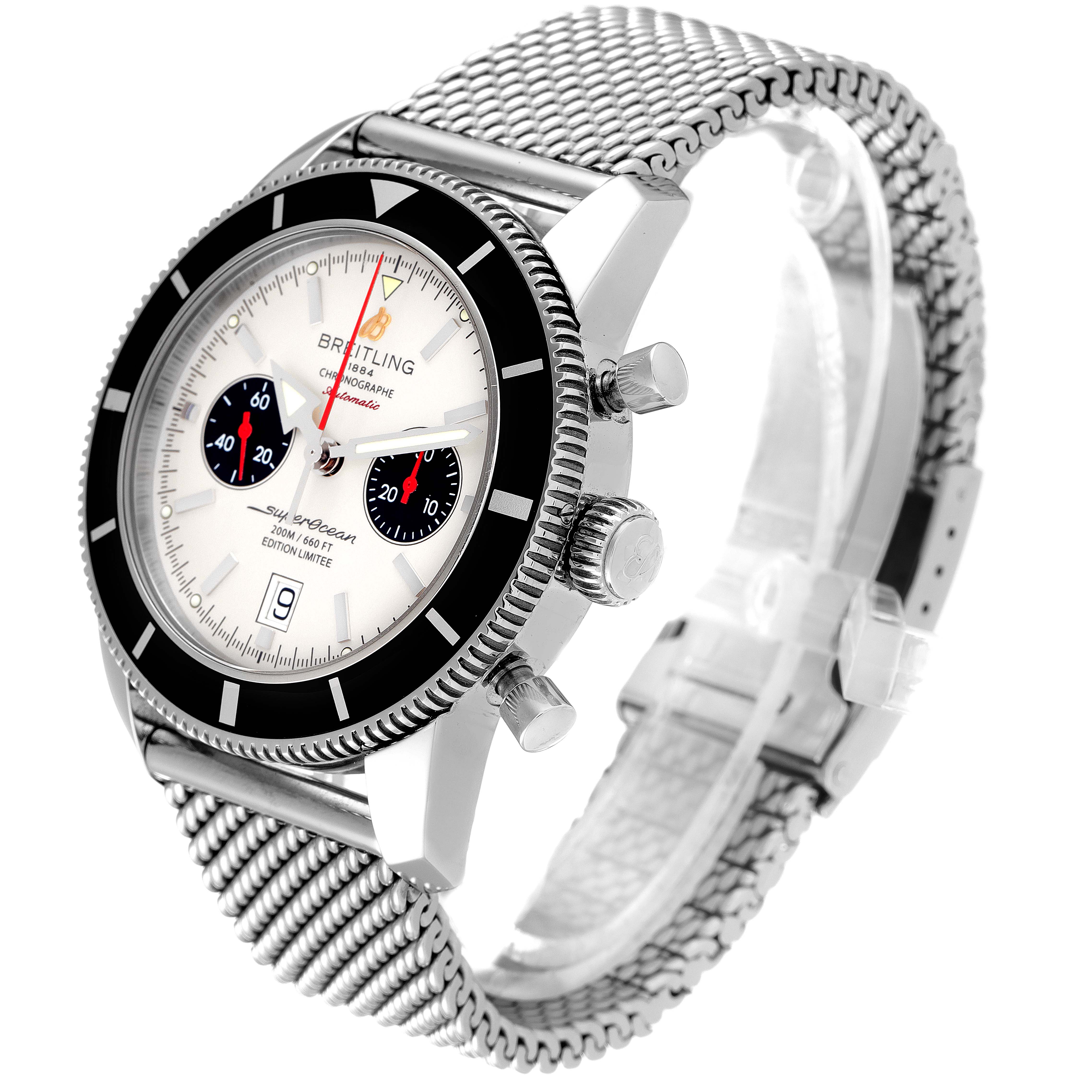 The image shows a Breitling Superocean A23320 Men
s Stainless Steel Silver Dial A23320 Men
s Stainless Steel Silver Dial watch at an angled side view, highlighting the face, bezel, crown, and mesh band.