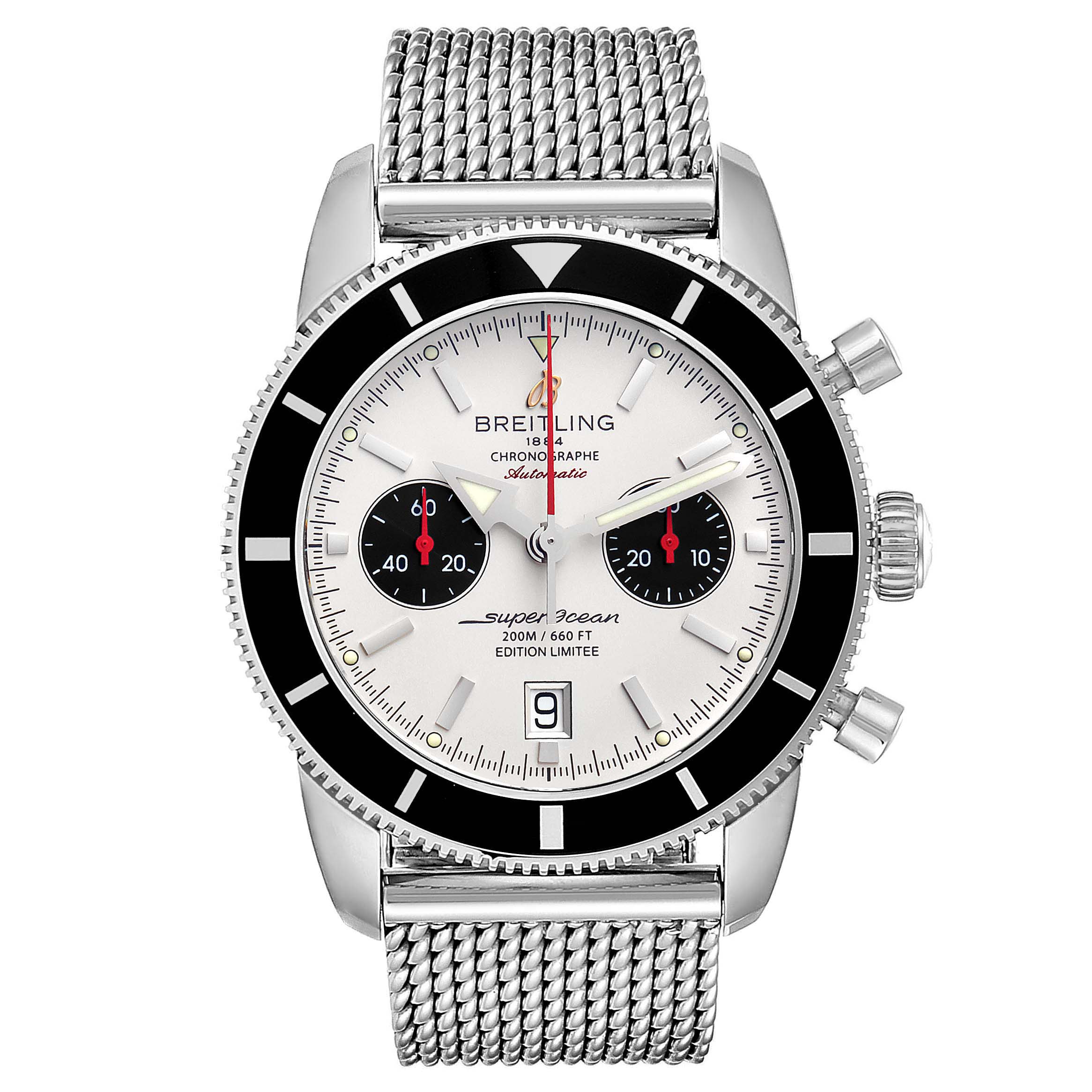The Superocean by Breitling is shown from the front, highlighting its dial, bezel, mesh bracelet, and chronograph pushers.