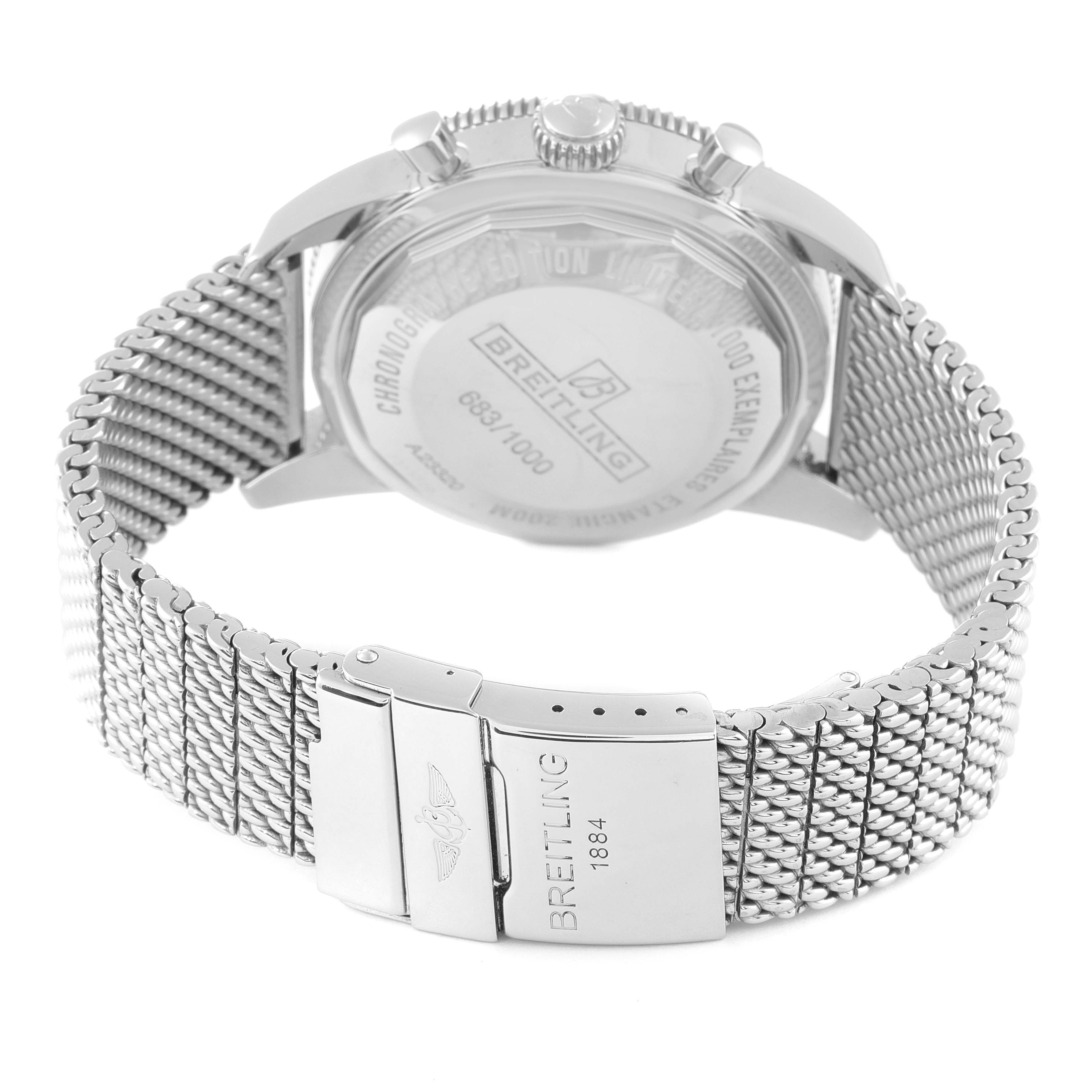 This image shows the back and bracelet clasp of a Breitling Superocean A23320 Men
s Stainless Steel Silver Dial A23320 Men
s Stainless Steel Silver Dial watch.